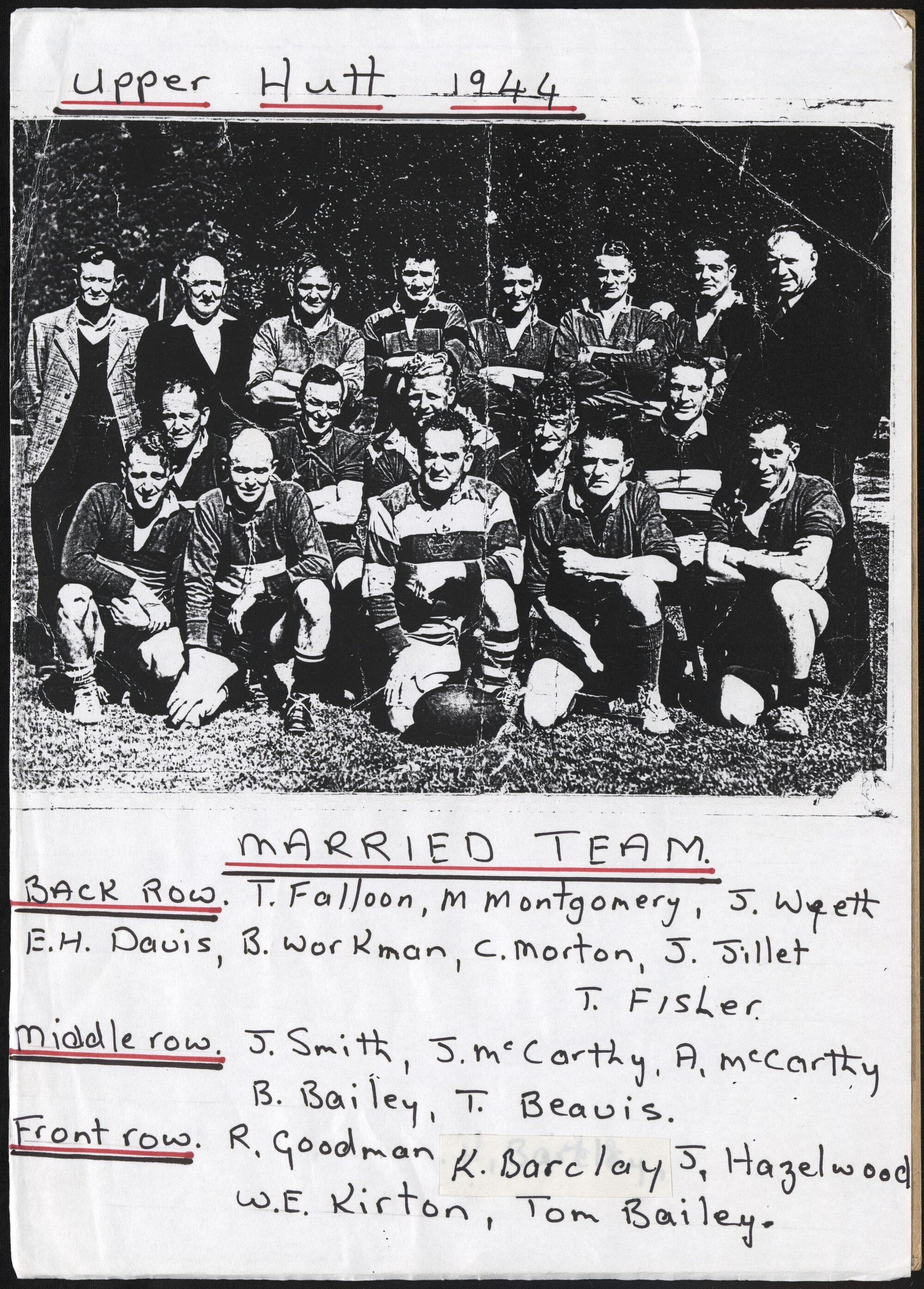 Upper Hutt Rugby Football Club 1944; married team; 15 players, 3 coaches. [P4-121-1769]