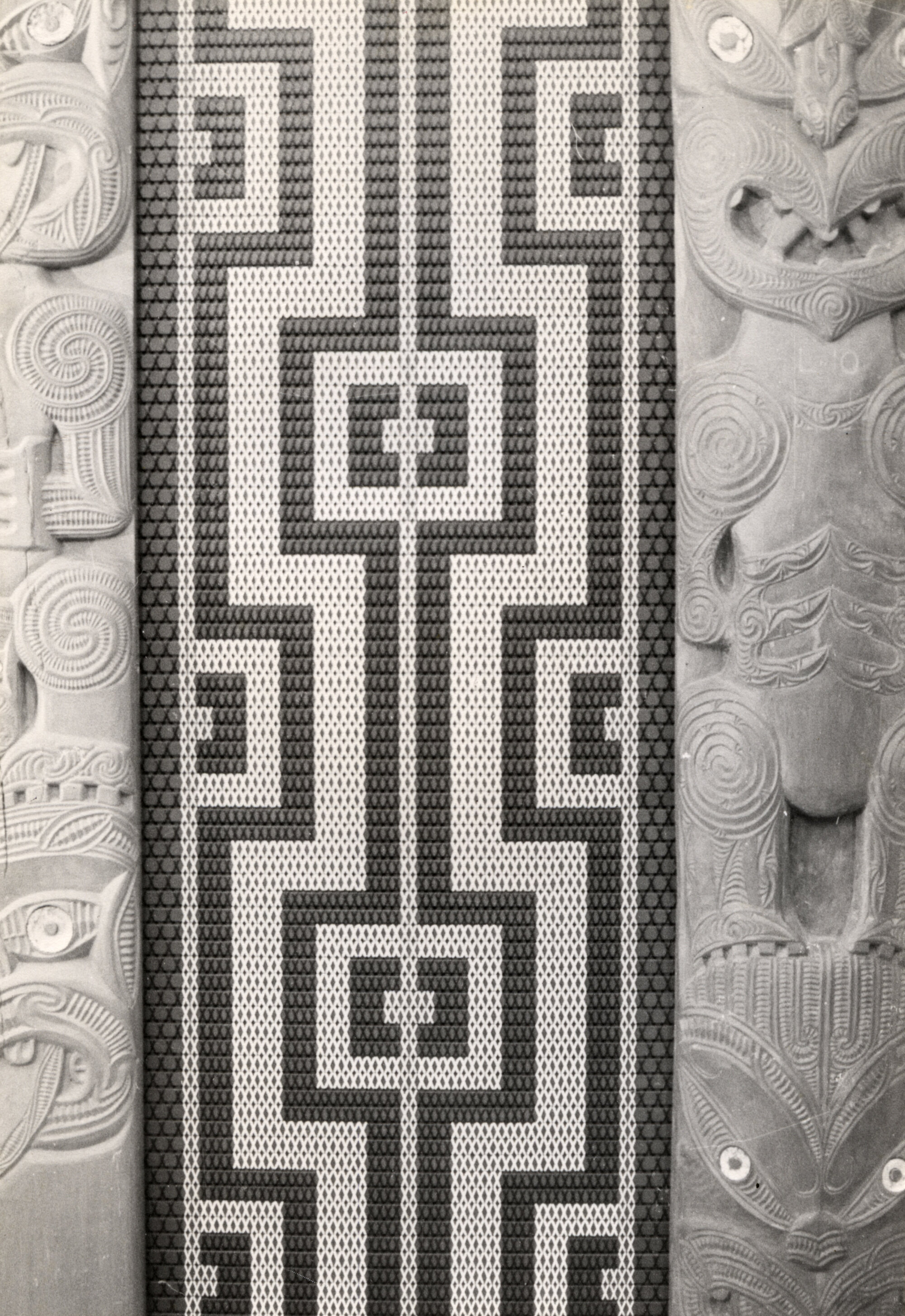Ōrongomai Marae 1988; whare whakairo detail; tukutuku panel A