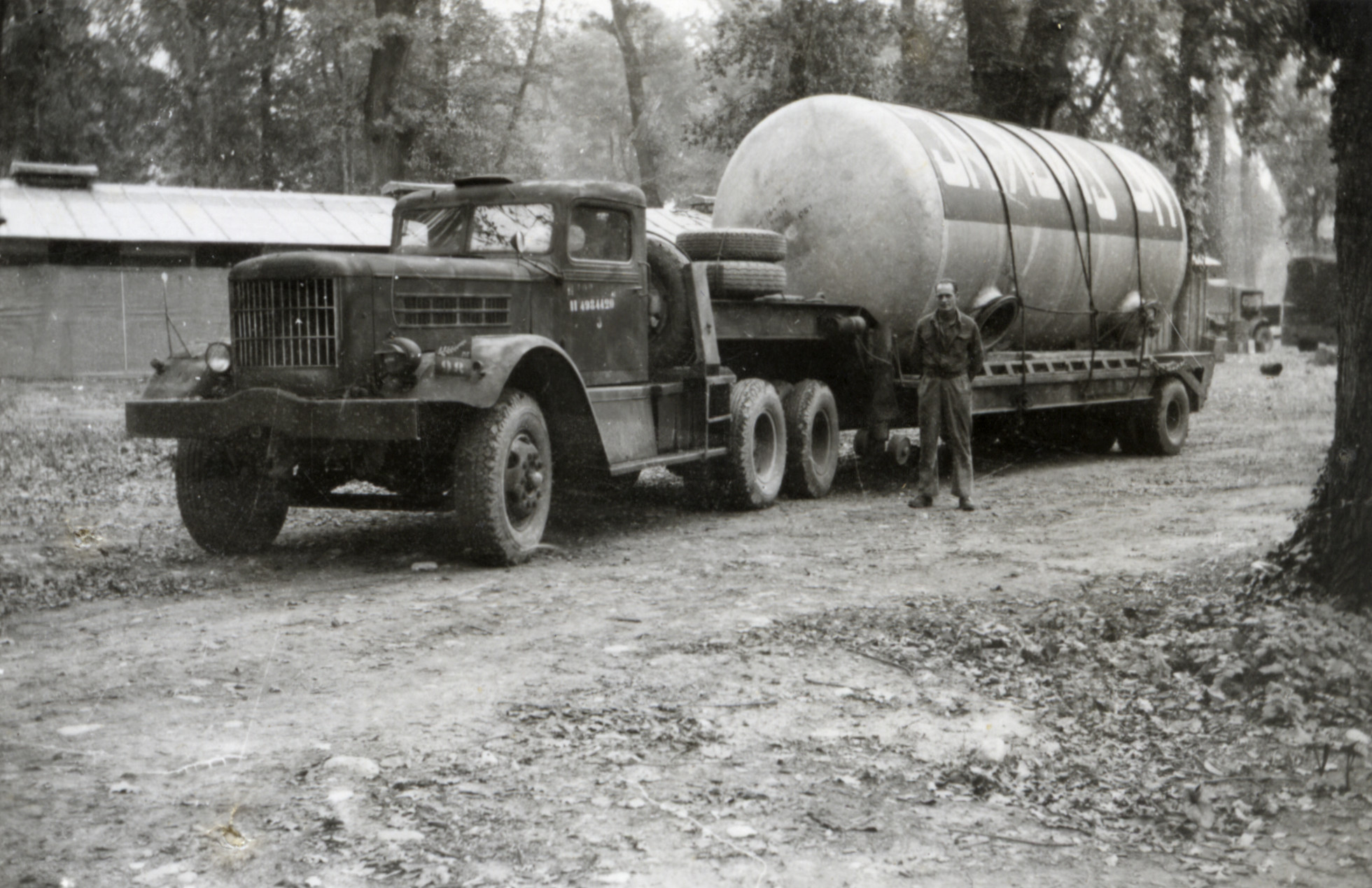 Military Service, World War II; engineers' truck; fuel tank on transporter.