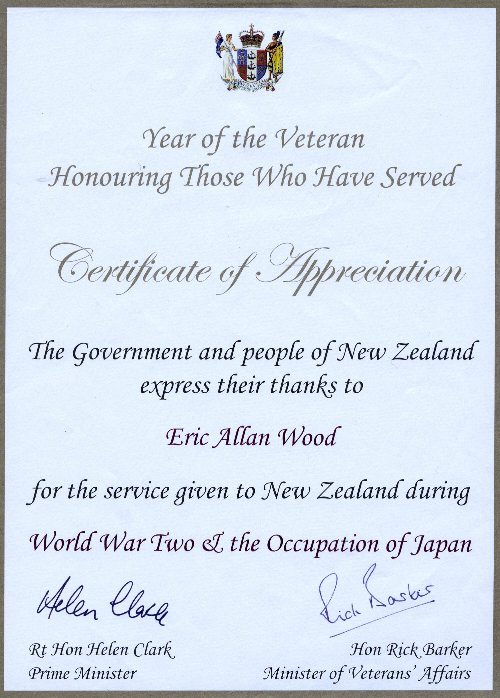 Military Service, World War II; Government certificate of appreciation, 2006.