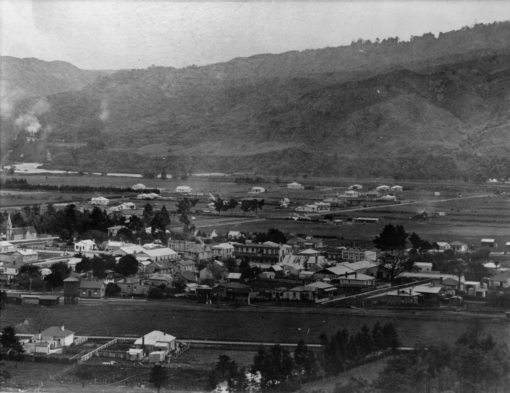 Upper Hutt from Maidstone hill; Provincial Hotel at centre; St Joseph's ...