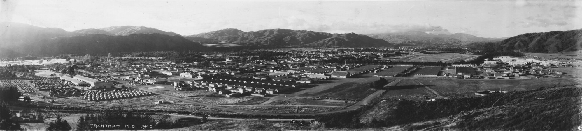 Trentham Camp overall view 1945; Carman block, 1945. Panoramic view.