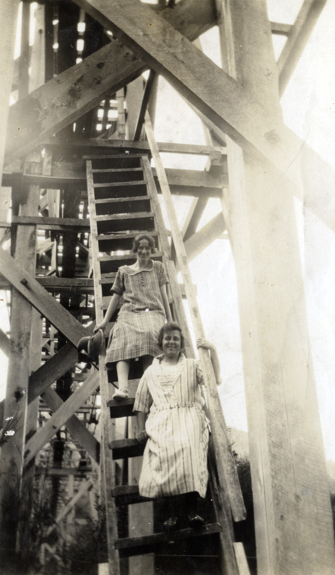 Timber industry; bridge for a bush tramway feeding sawmill; Doris Carr, Hilda Poulson.