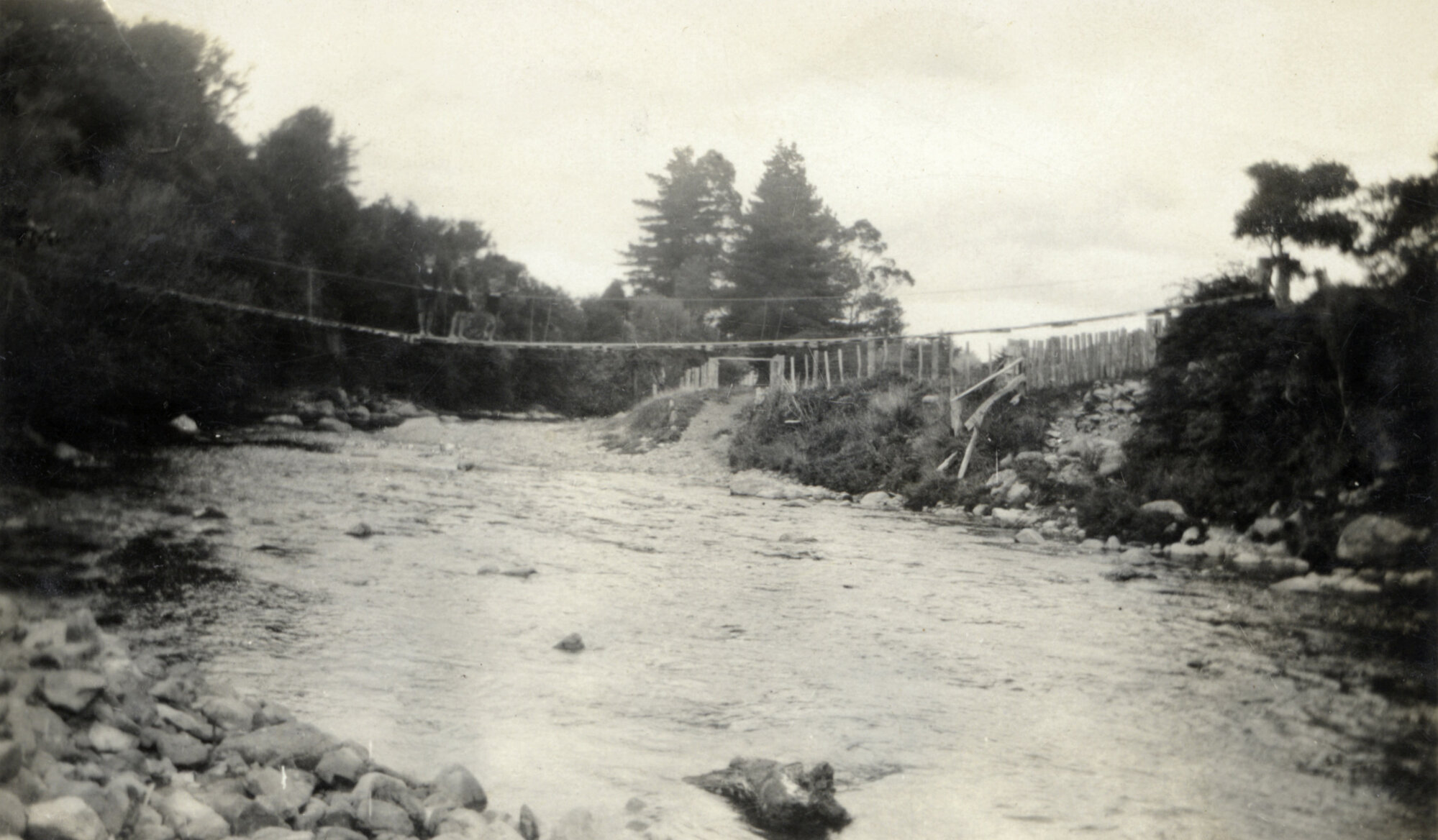 Poulson family; Dave, Tom, Carl on Suspension Bridge, ca 1920s