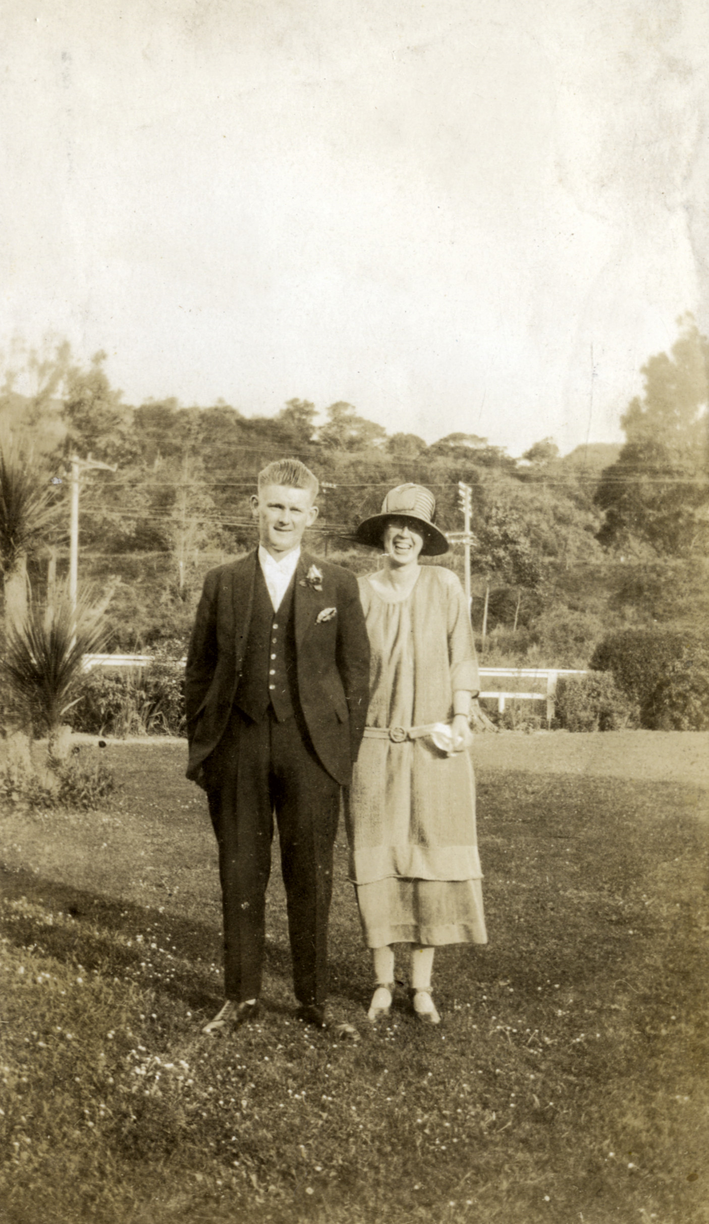 Unidentified bride and groom, at J A Hazelwood's. 