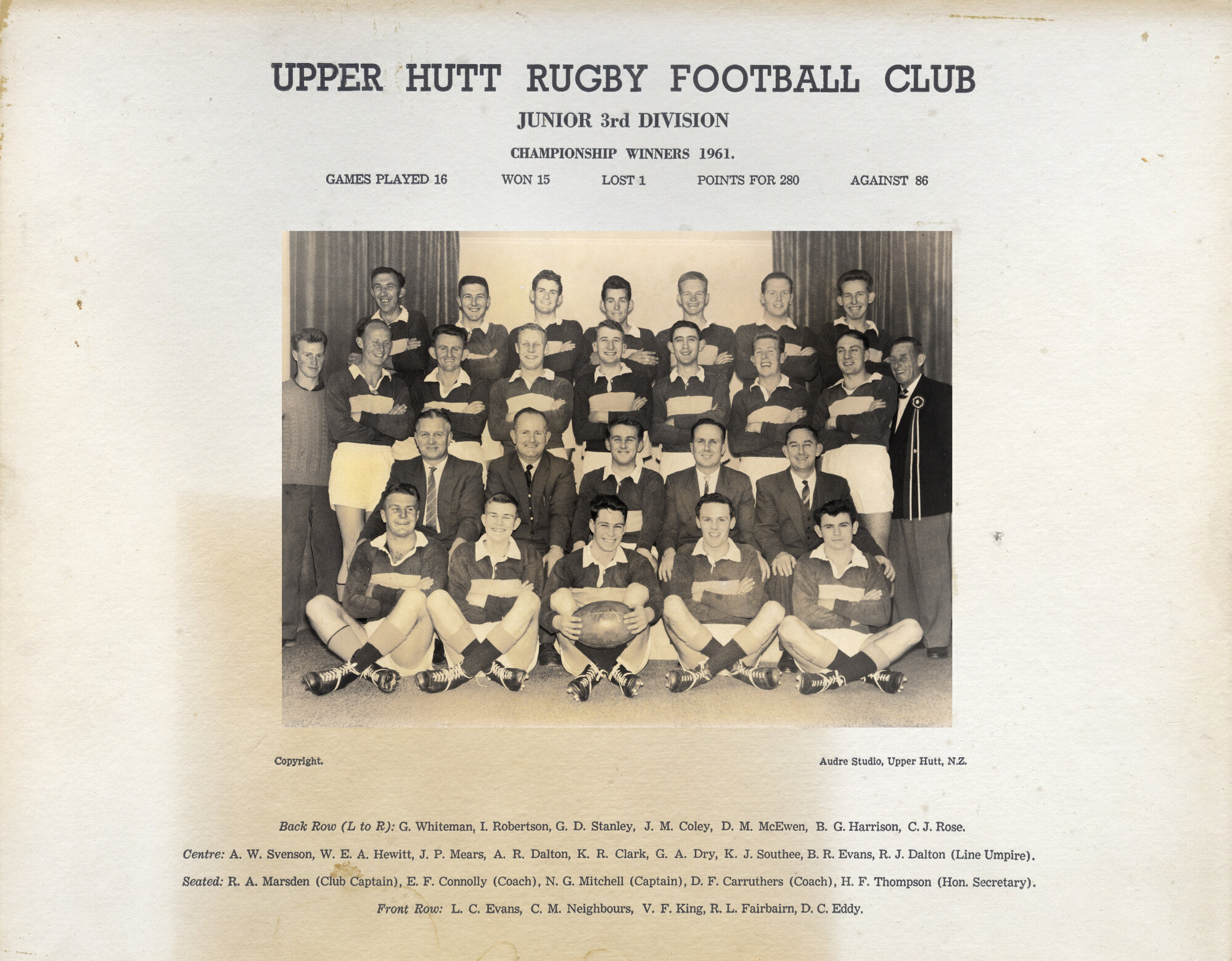 Upper Hutt Rugby Football Club 1961 Junior 3rd Division