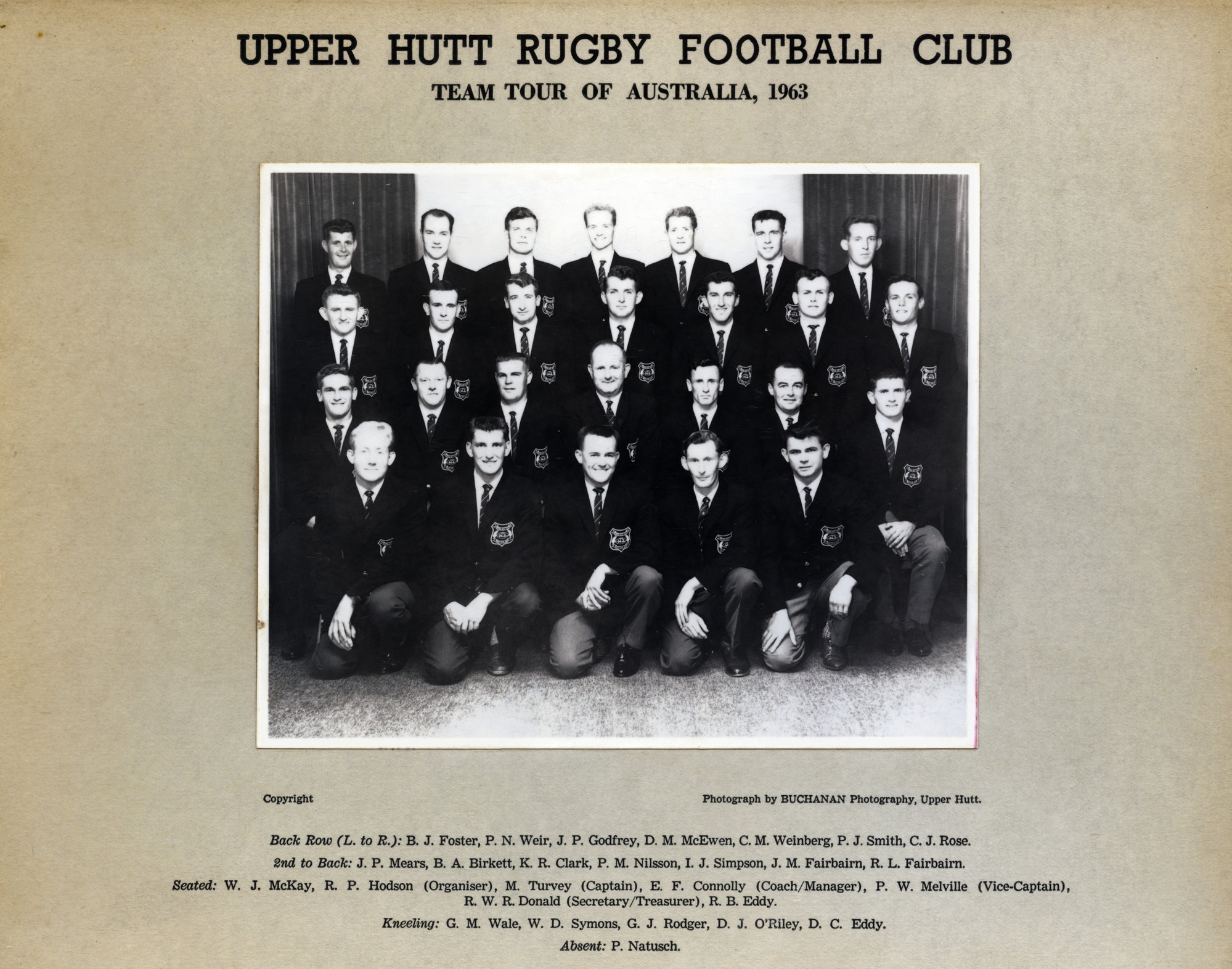 Upper Hutt Rugby Football Club 1963 Team Tour of Australia