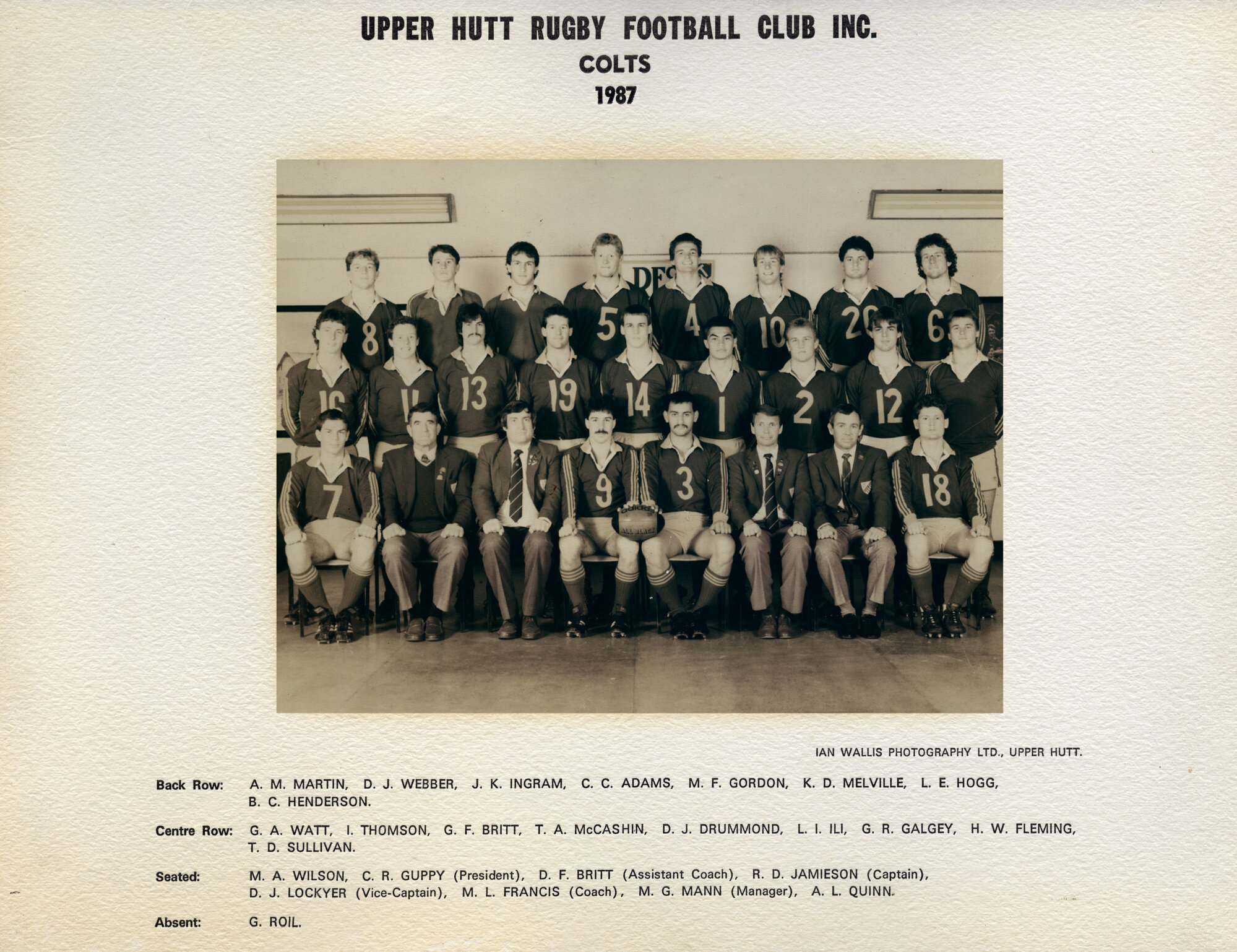 Upper Hutt Rugby Football Club 1987 Colts