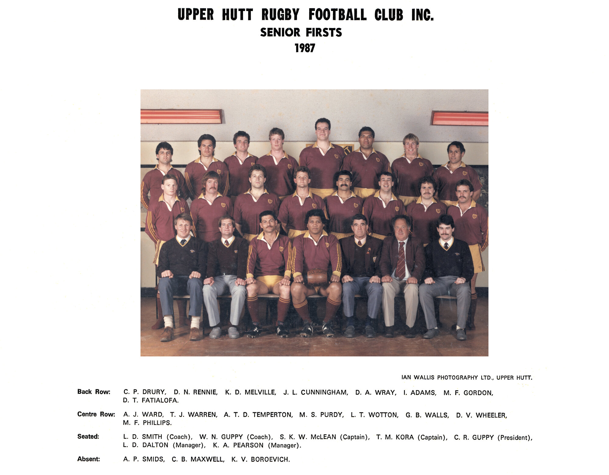 Upper Hutt Rugby Football Club 1987 Senior Firsts