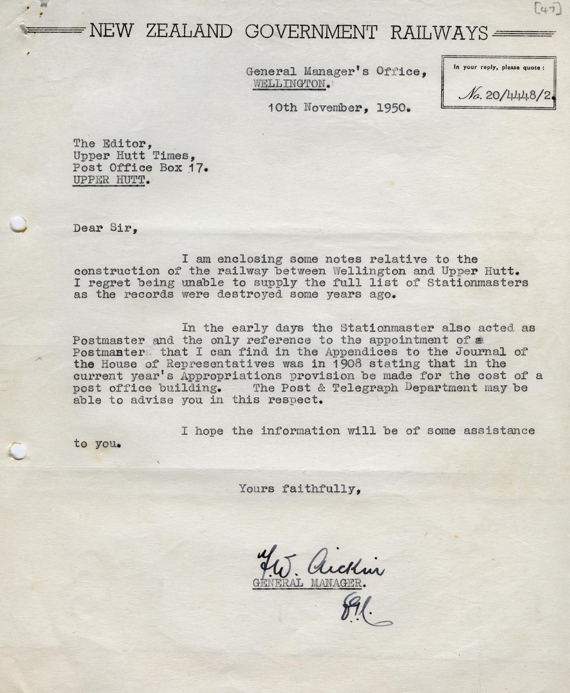 Kelleher [47] Letter; NZ Railways; Upper Hutt Stationmasters; 1950 