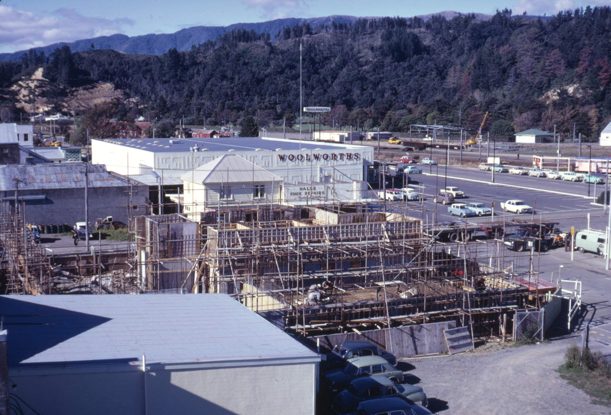View from BNZ building 1969, May; 1; rear of Post Office under construction.