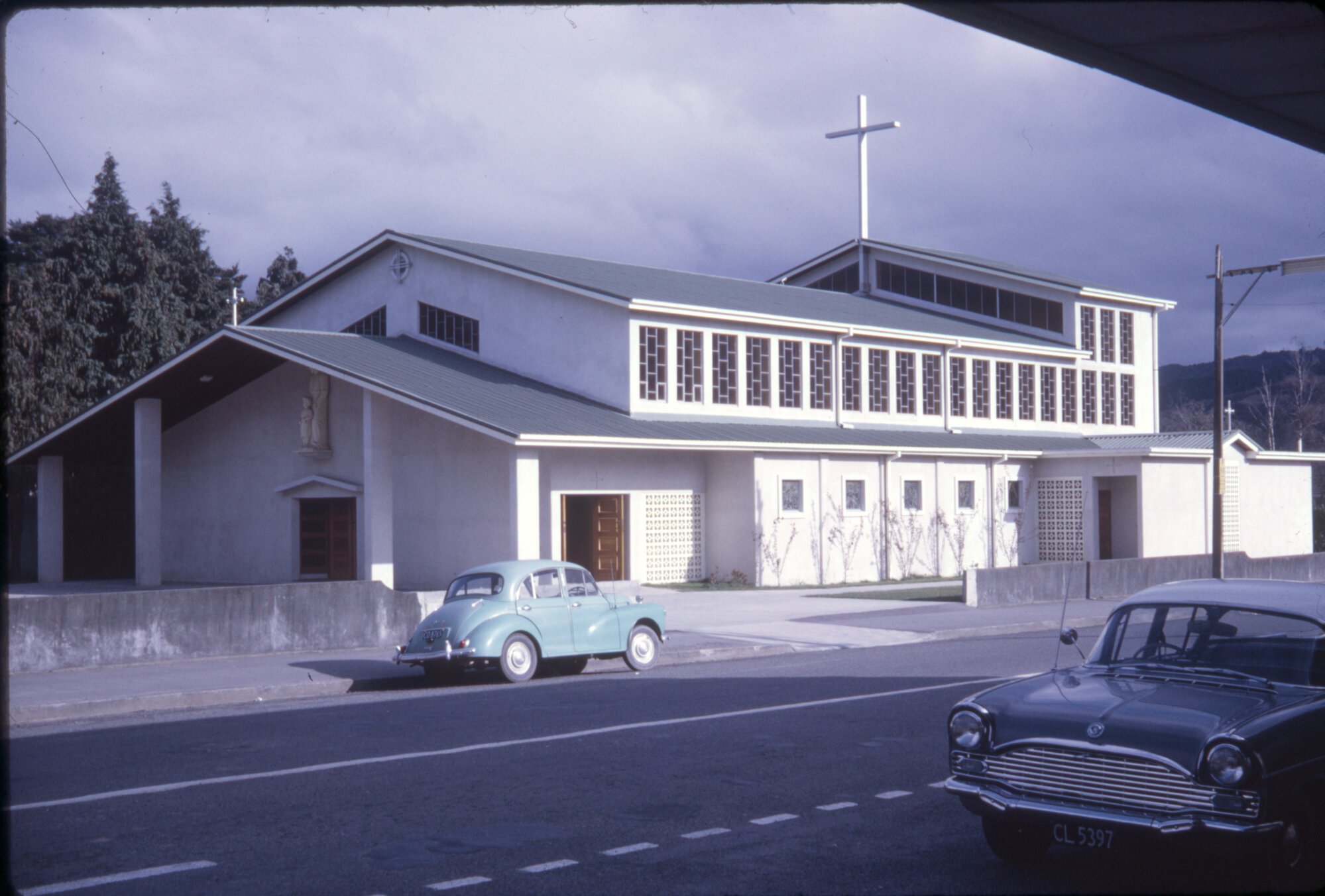 St Joseph's Catholic church of 1965, from the eastern corner of Main Street and Pine Avenue.