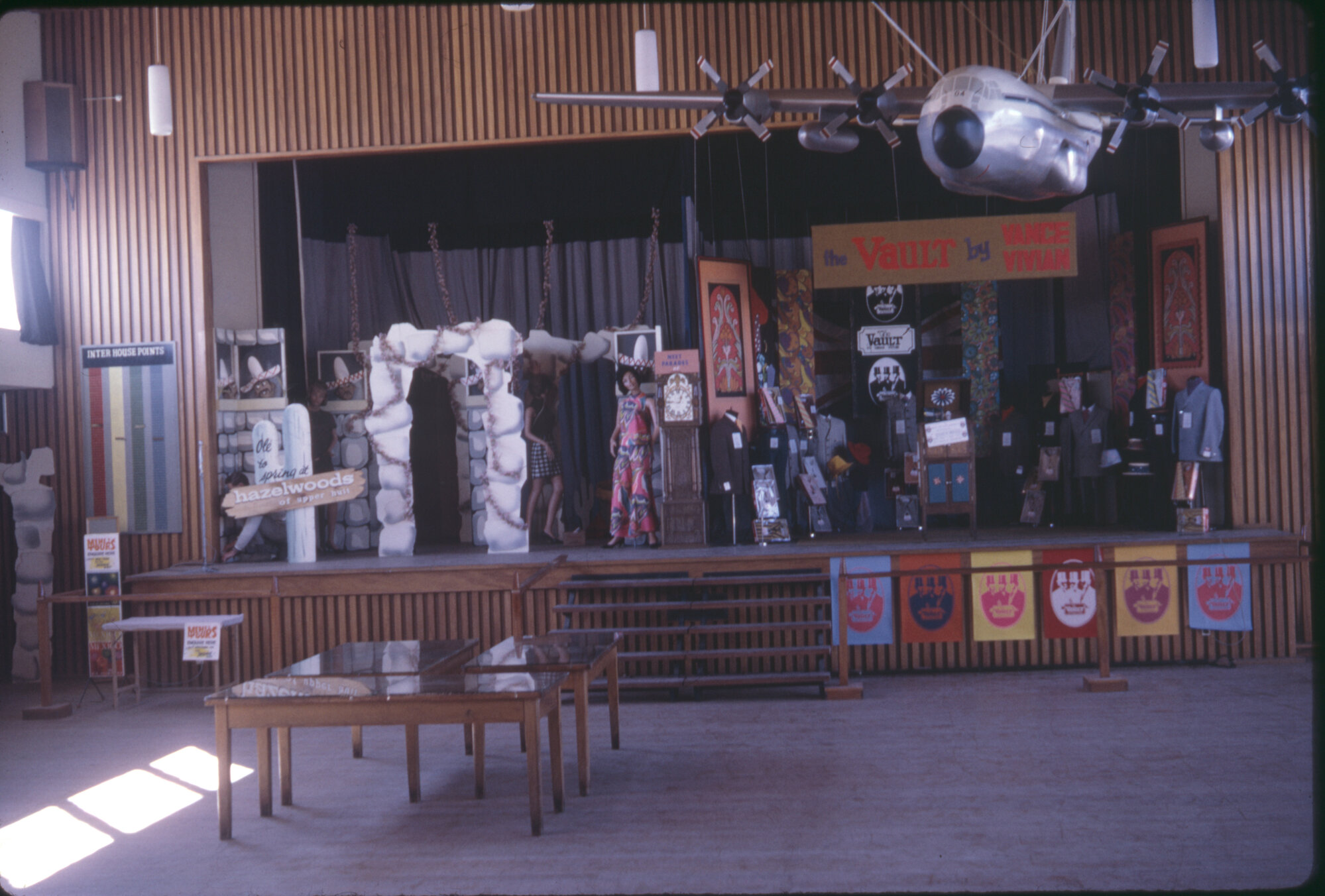 Heretaunga College; trades fair; distant view of hall stage.