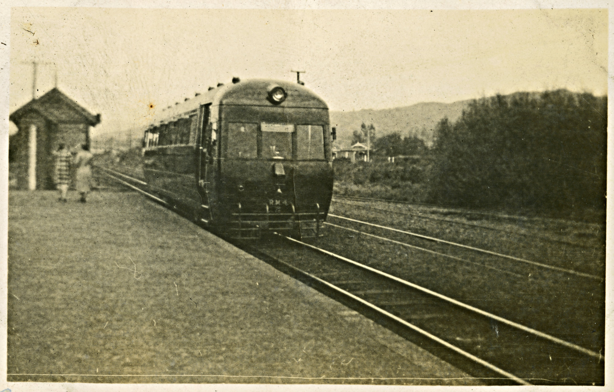 Wairarapa-class railcar Rm-4 'Maahunui'; southbound at Silverstream station.