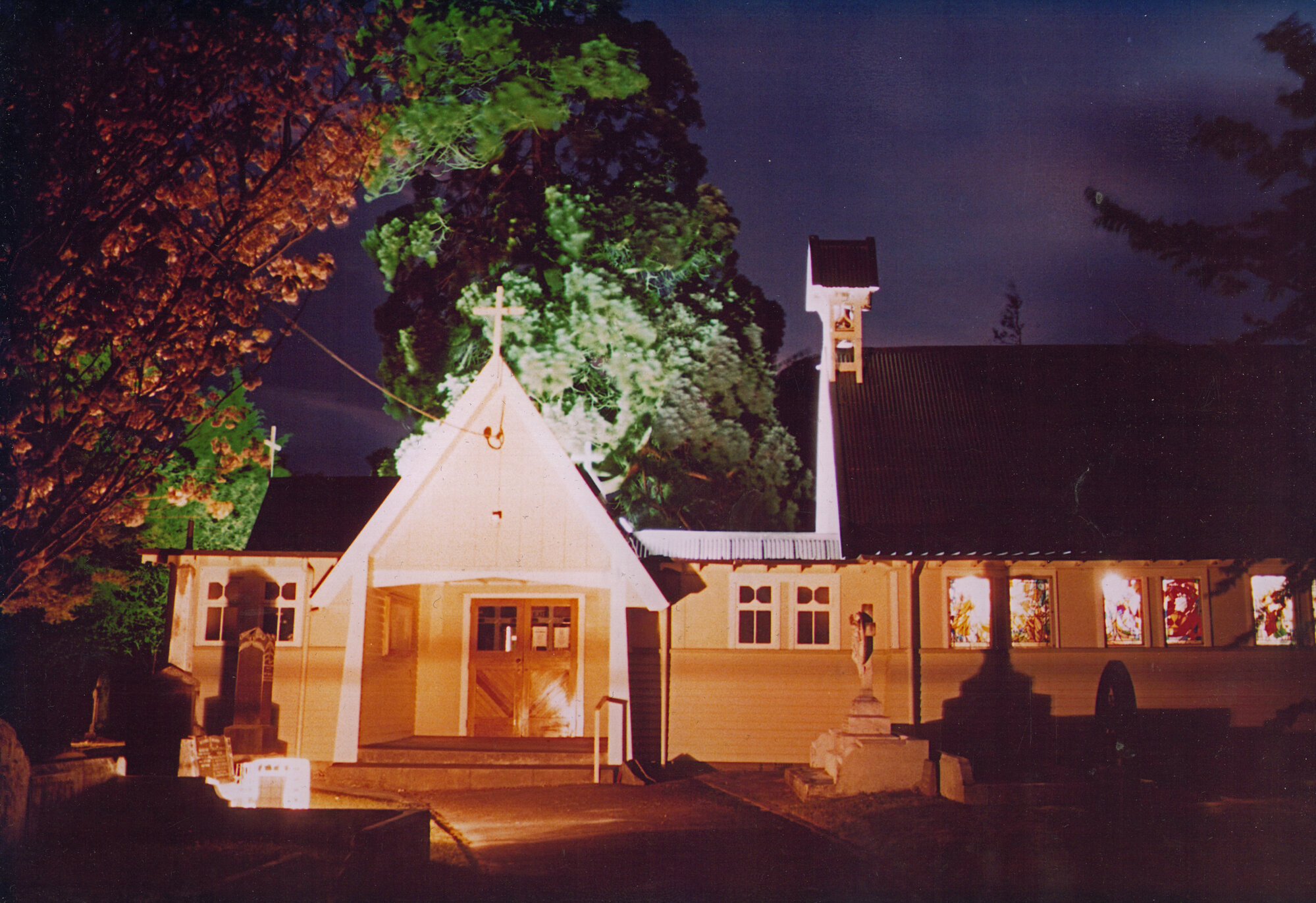 St John's Church, Trentham, 2000; floodlit at night.