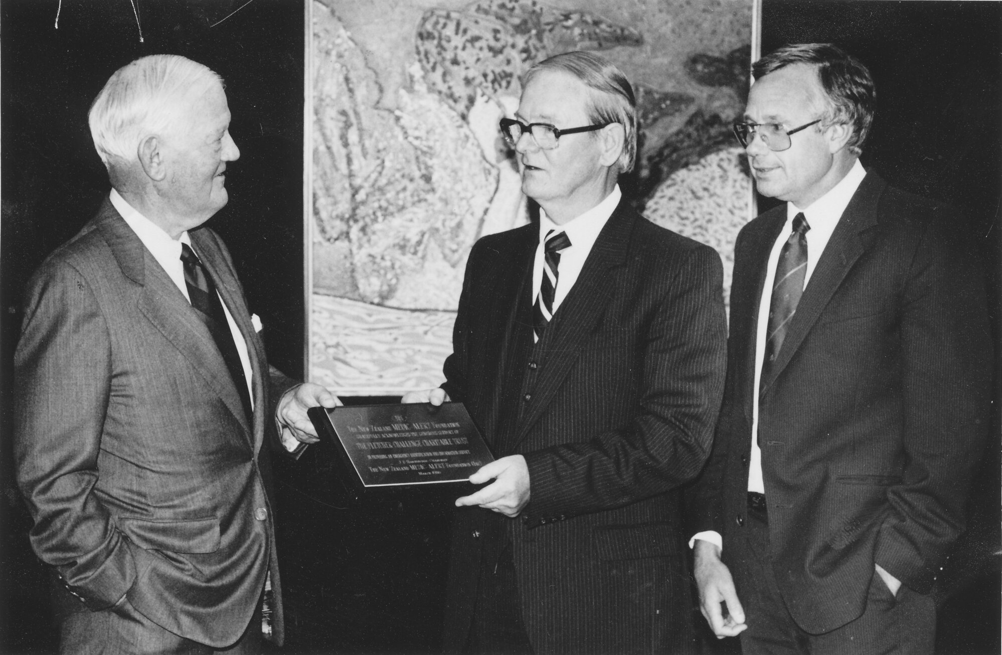 Medic Alert; Sir James Fletcher, left, presented with plaque by Medic Alert's John Hartstonge.