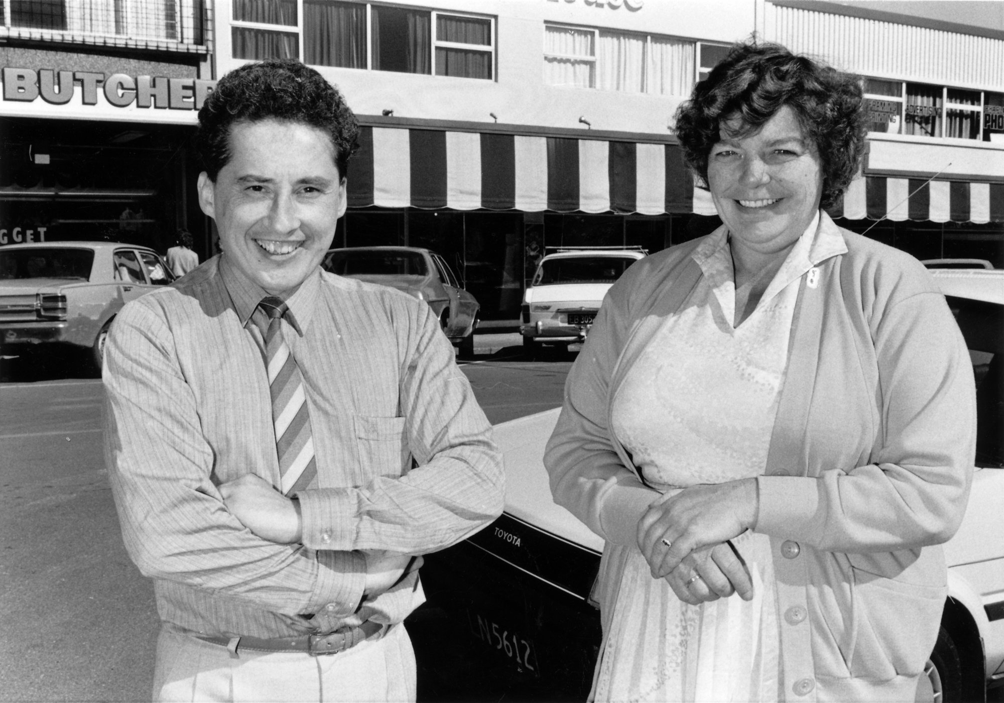 Geange street; Philip Bentley, optician, and Denise Delbridge, (Thompson's News Agency) exchange shops.