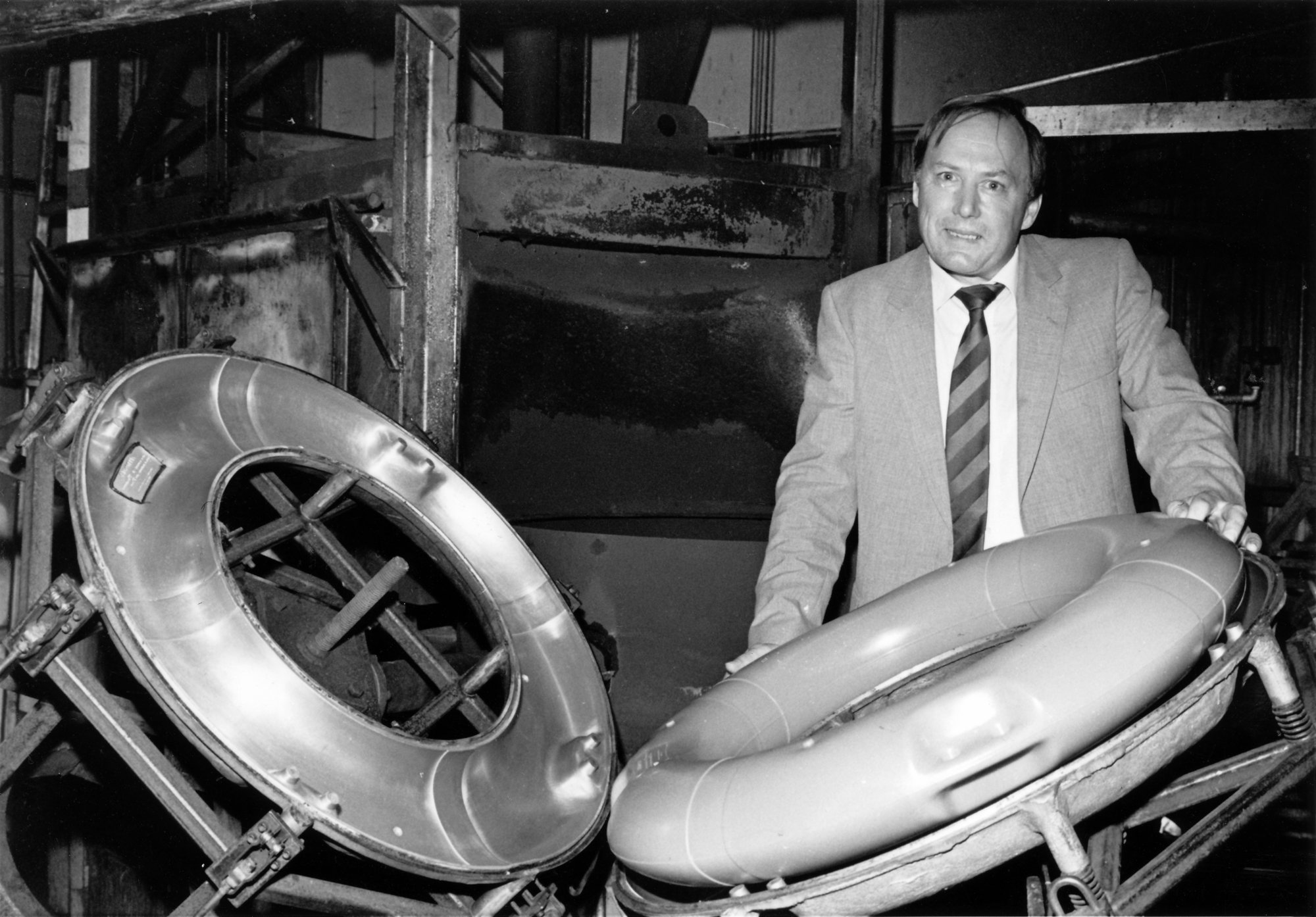 Acma Industries, 71 Montgomery Crescent; managing director Alan Bowmar with a prizewinning lifebuoy.