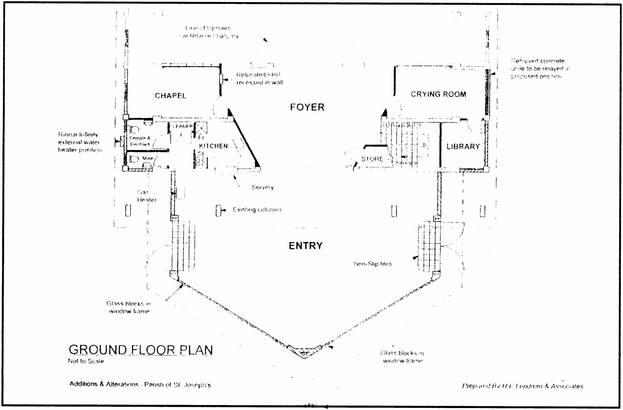 St Joseph's Catholic church of 1965; new foyer; ground-floor plan.