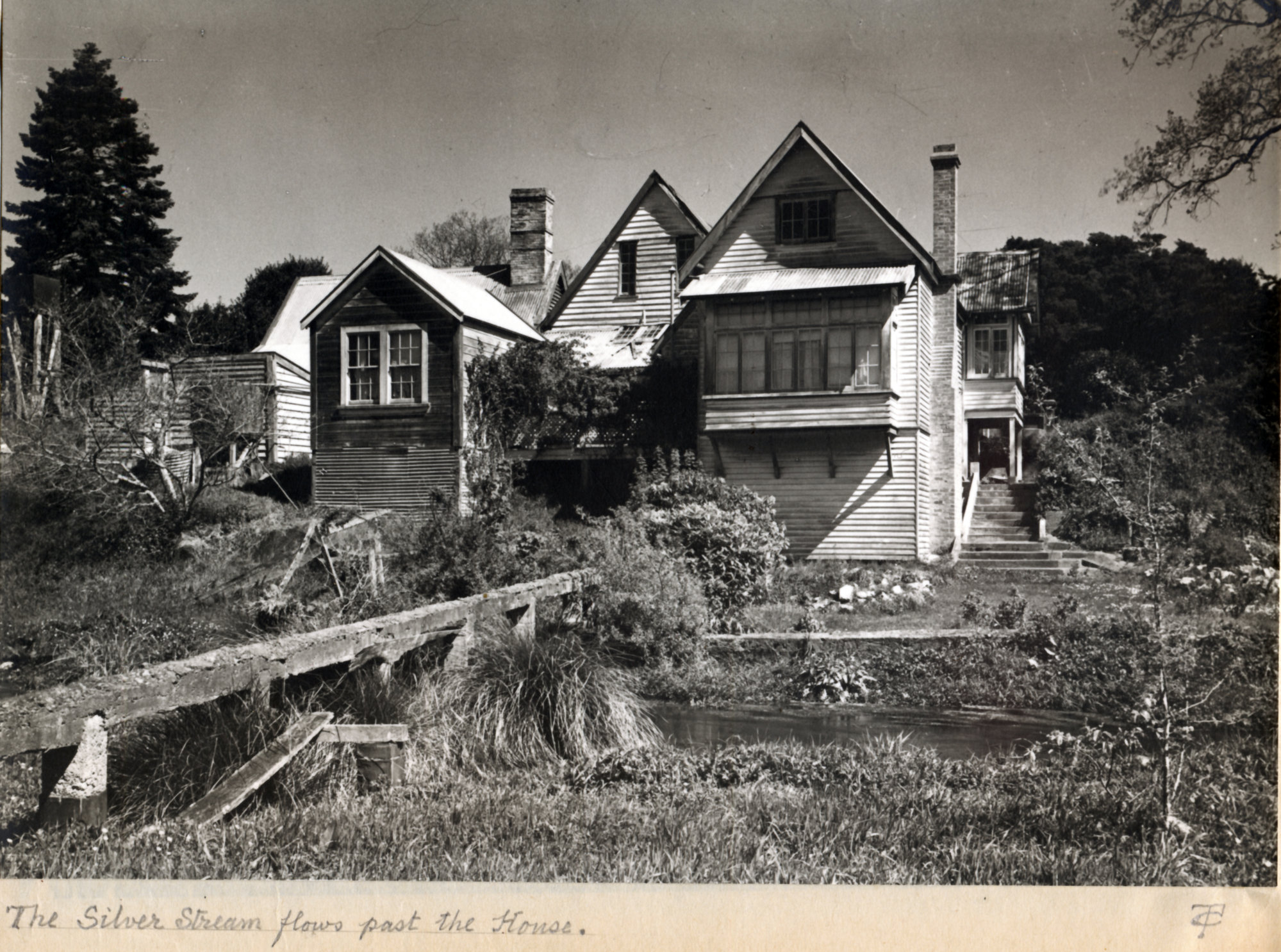Old house; Barton homestead album  6; 'The Manor House', Trentham; east side; Silver Stream in foreground.