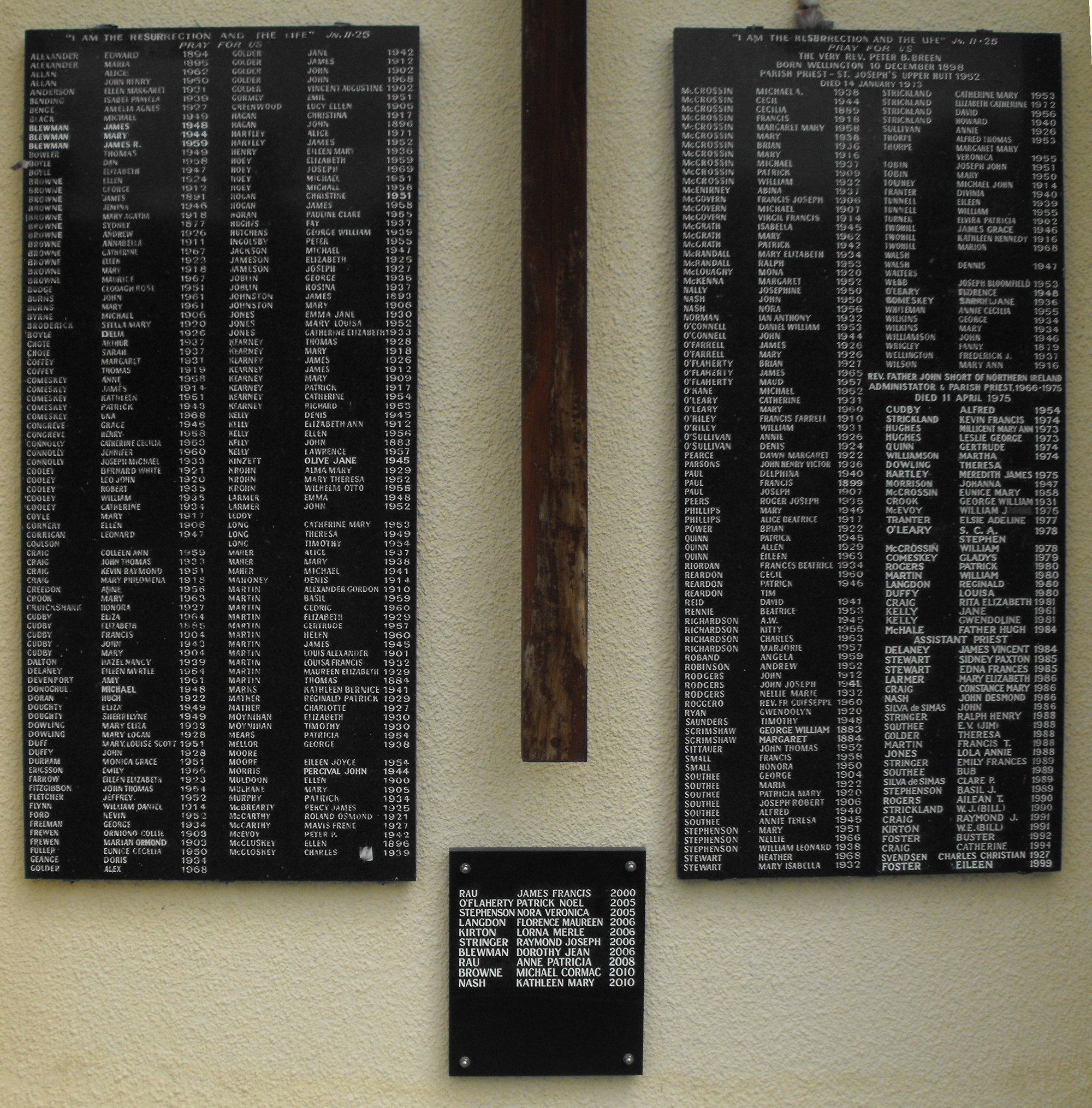 Memorial plaques; St Joseph's Catholic Church, north wall; lawn cemetery names.
