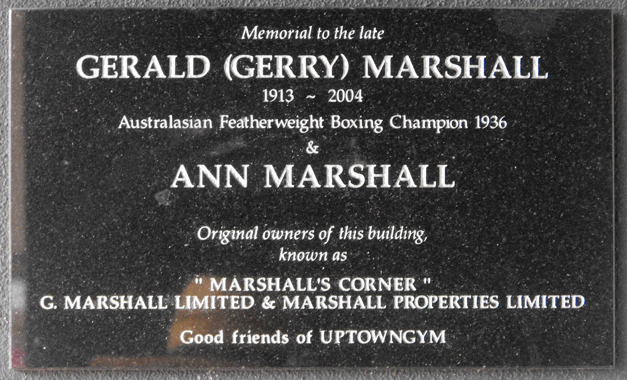 Memorial plaque, Princes Street; Gerald (Gerry) Marshall, sportsman, and his wife, Ann.
