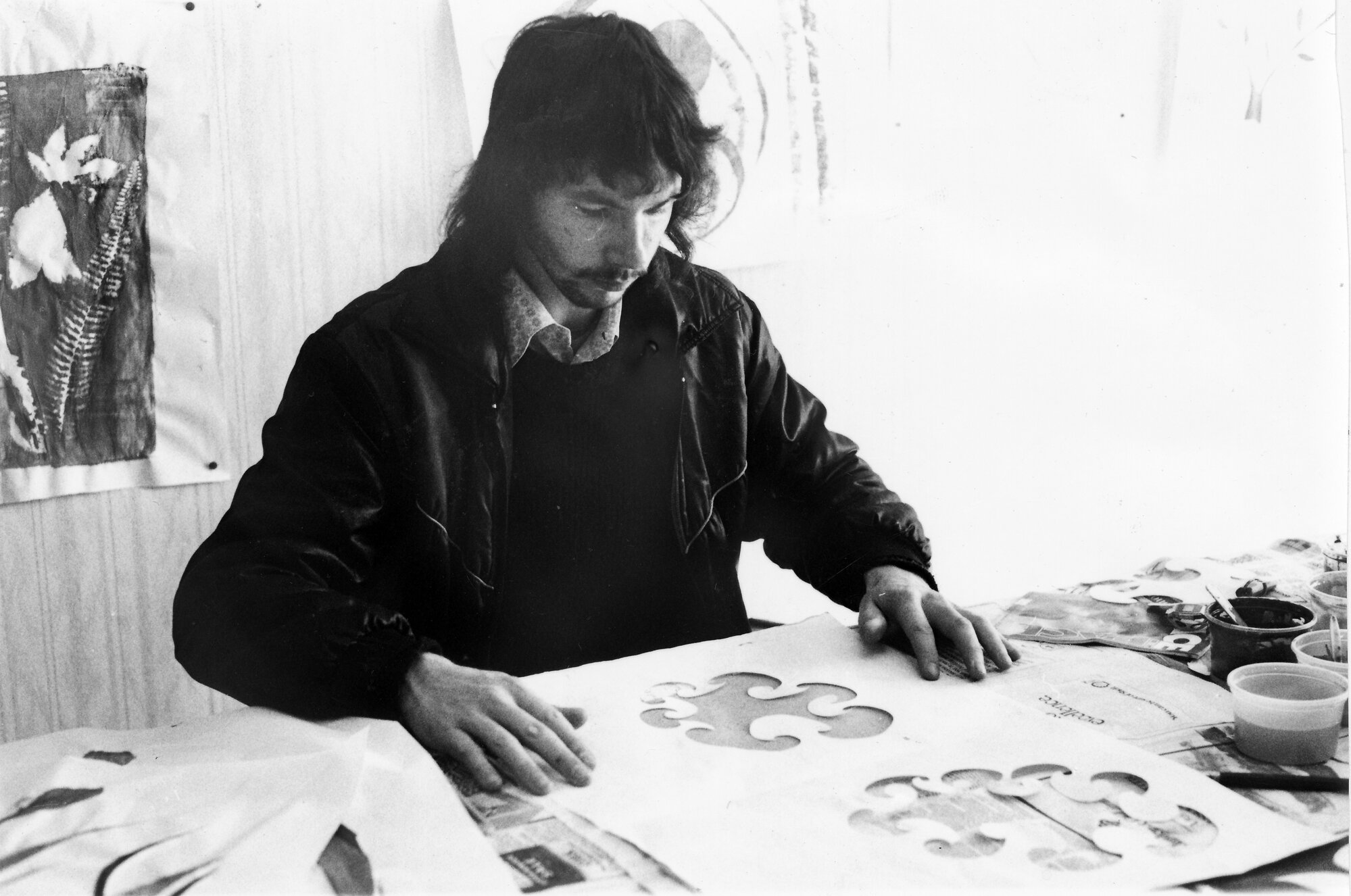 Probation Service arts and crafts course; Michael cutting stencils for screen-printing fabrics.