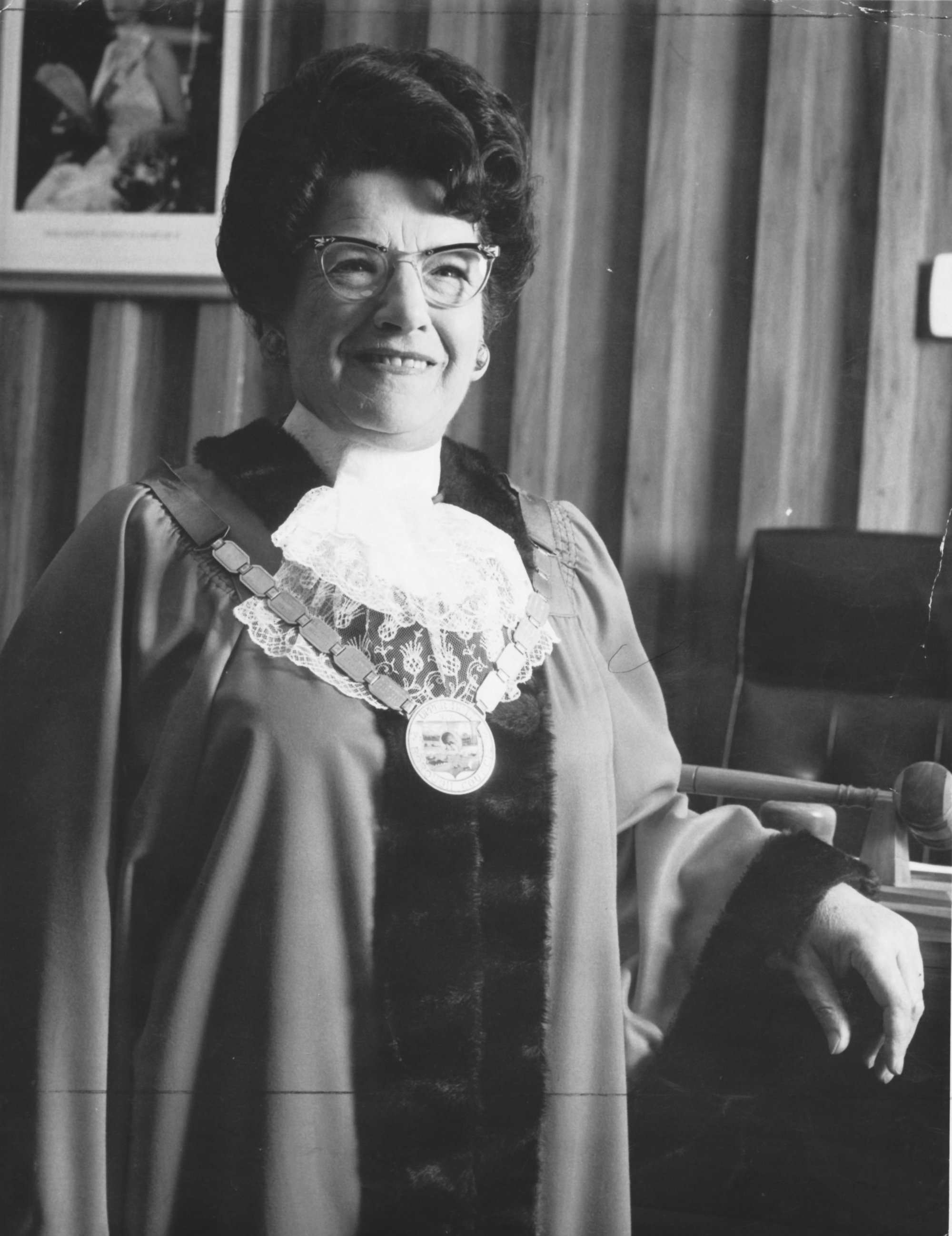Doris Turner Nicholson C.B.E, J.P, mayor, 1970-1977; in mayoral robes.