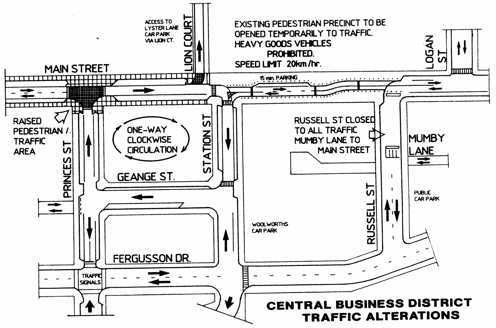 Traffic management 1991; Main Street; pedestrian precinct; overall plan of the surrounding streets.