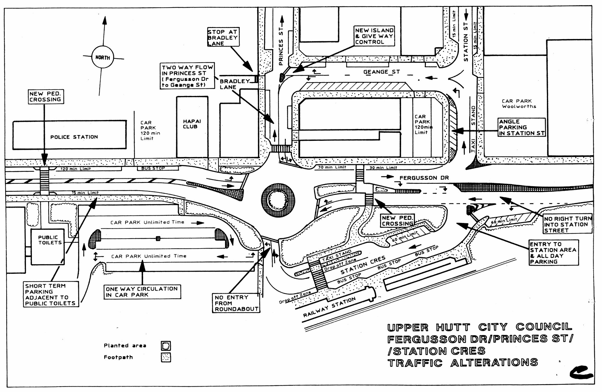 Traffic management 1992; Fergusson Drive/railway station/Woolworths area.