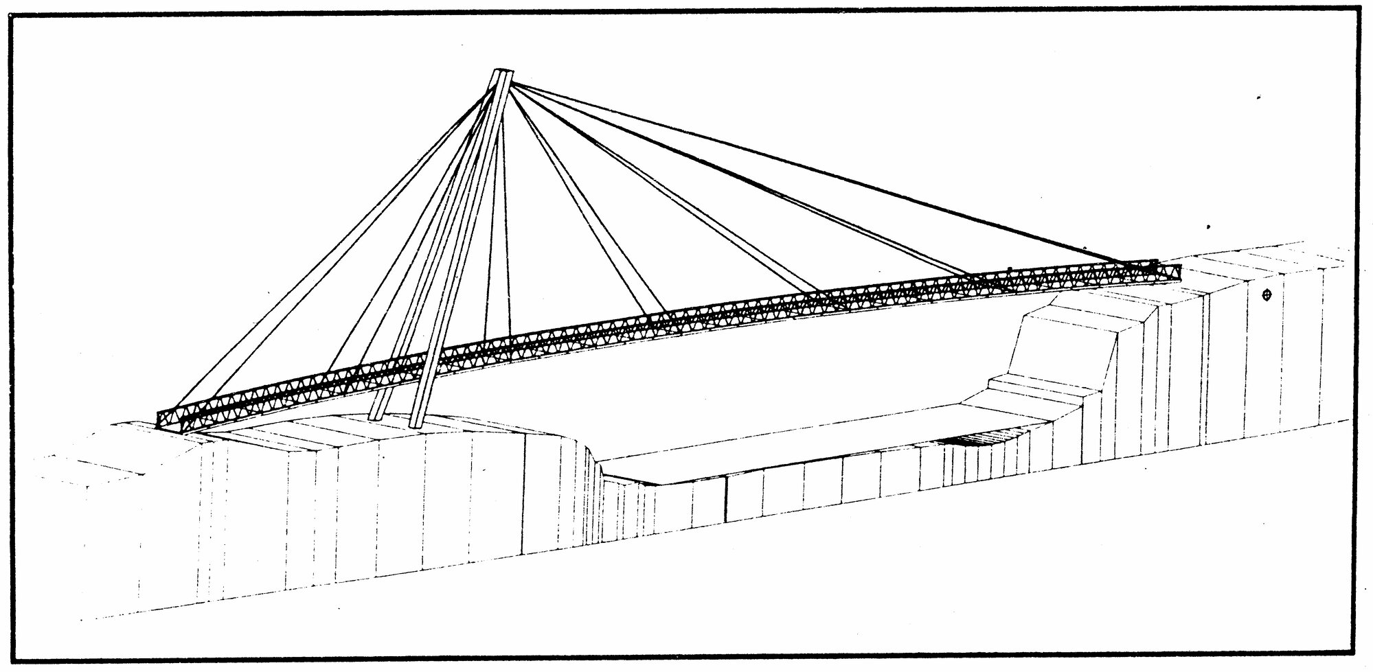 Totara Park; footbridge to Harcourt Park, drawn as if seen from the Totara Park stop-bank, looking north-east.