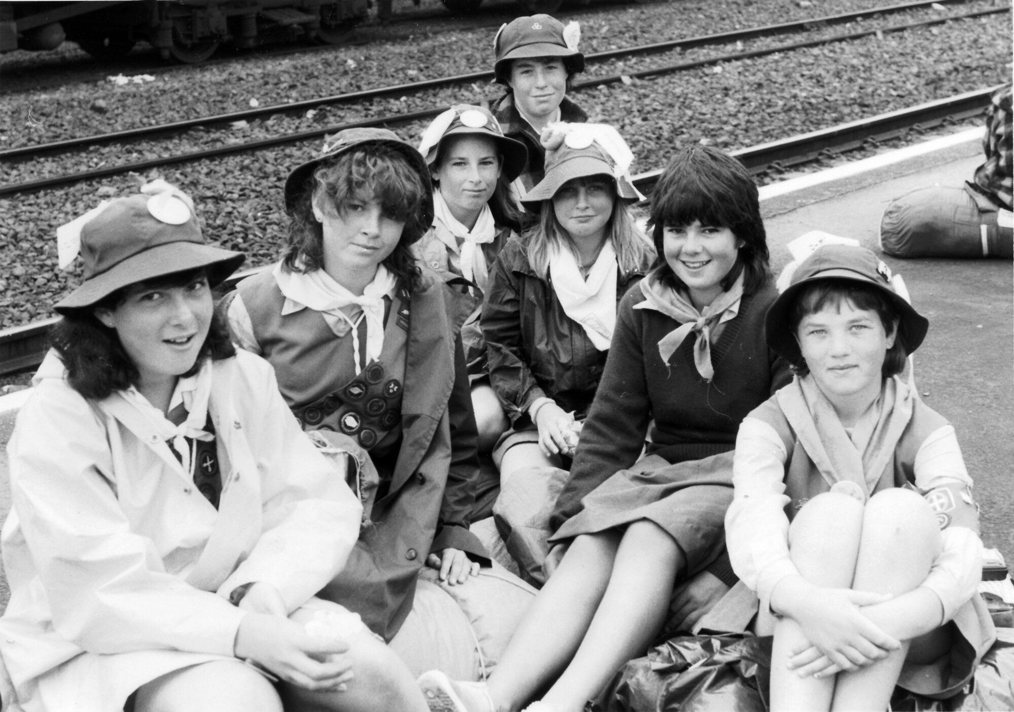 Girl Guides, National Jamboree, Levin 3,  waiting for the train home.
