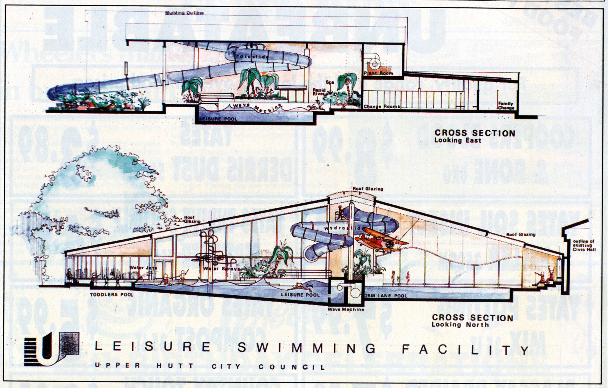 Civic Centre; indoor pool proposal 3; sections; north-south and west-east.