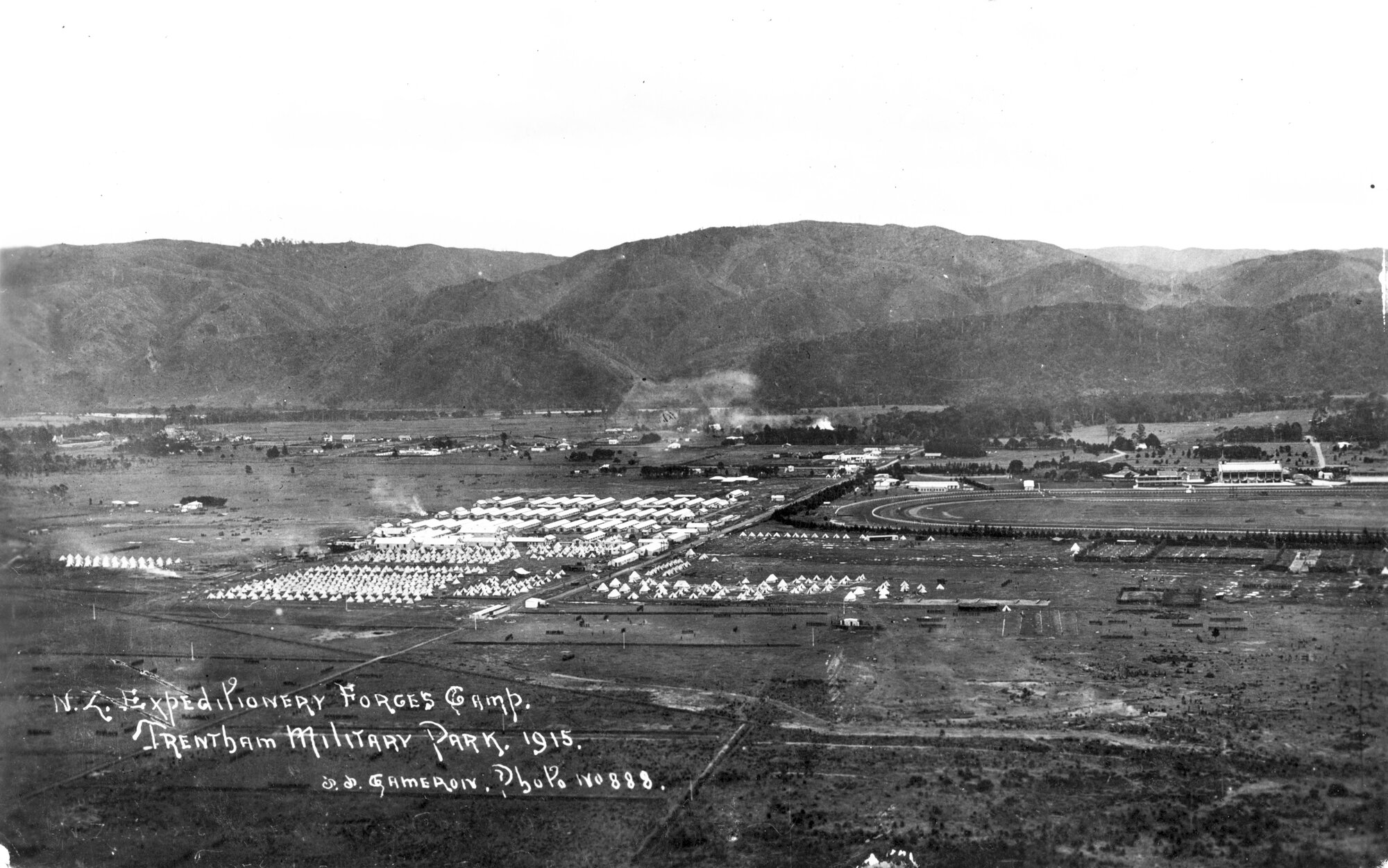 Trentham Camp overall view 1915; camp and racecourse from hill to the south-east; NZ Expeditionary Forces camp.