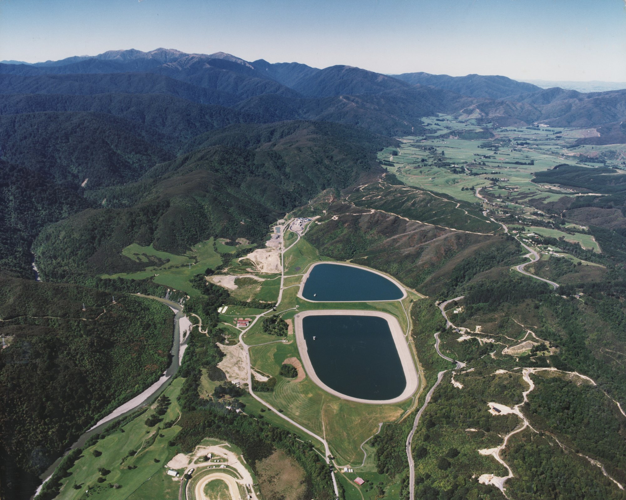 Aerial view looking westward; Macaskill Lakes in foreground; Kaitoke and Tararuas beyond (c. 1980s)