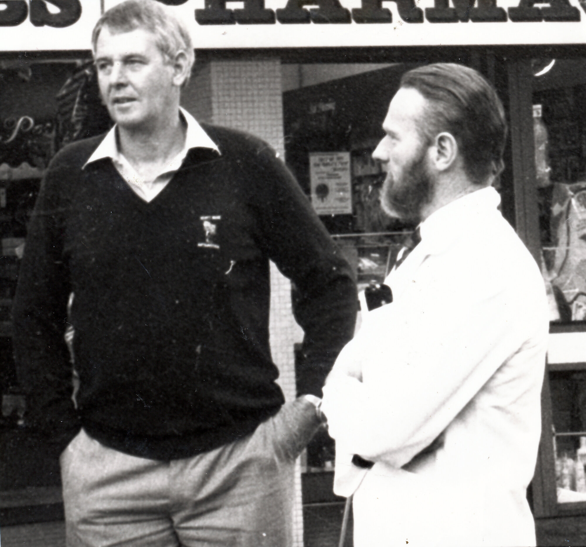 Max Williams, Antarctic ice driller, with Russell Schultz, of Gibbs Pharmacy.