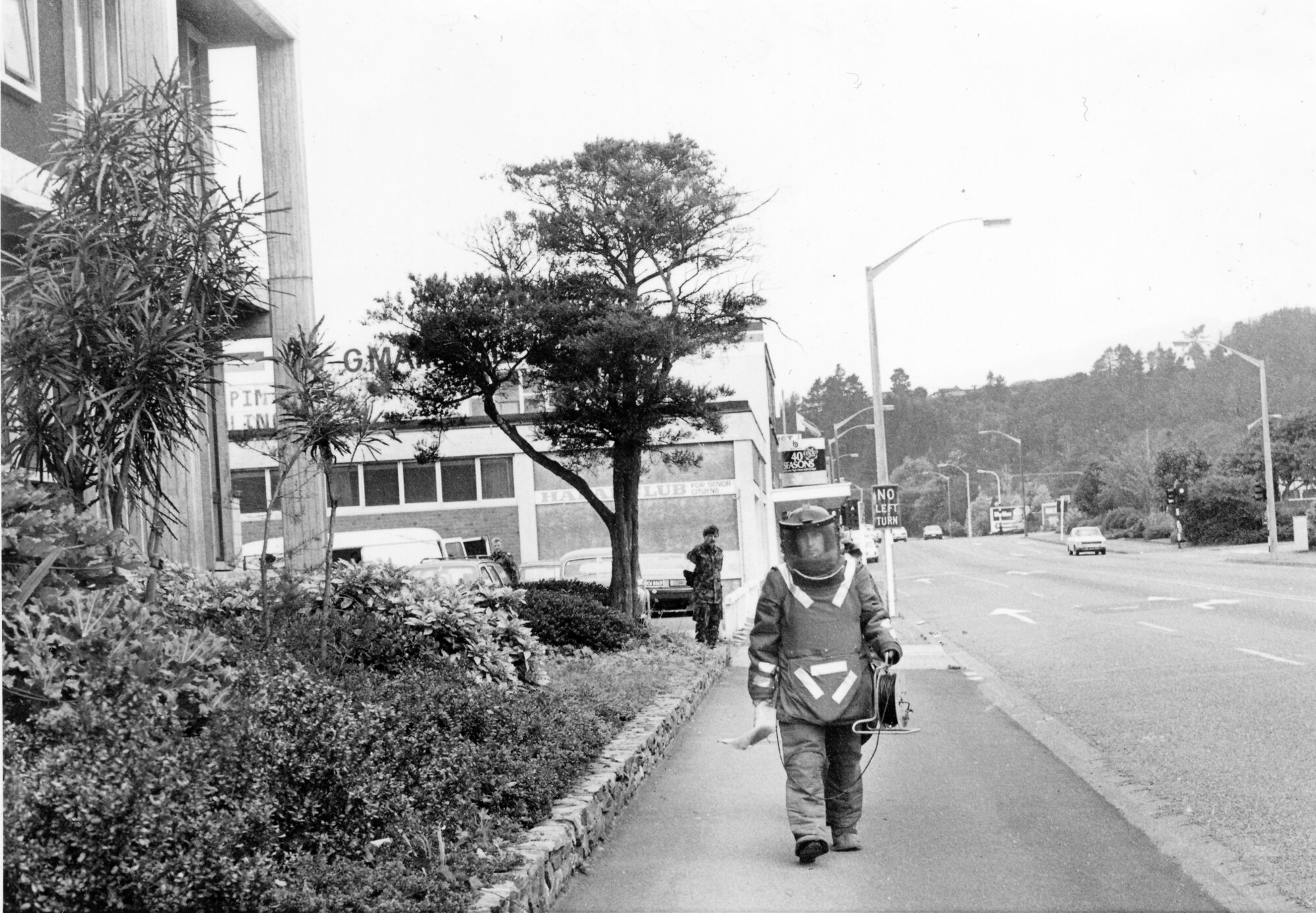 Army; Bomb Squad exercise; Lieutenant Mike Butler outside Upper Hutt Police Station, where several 'bombs' had been hidden.