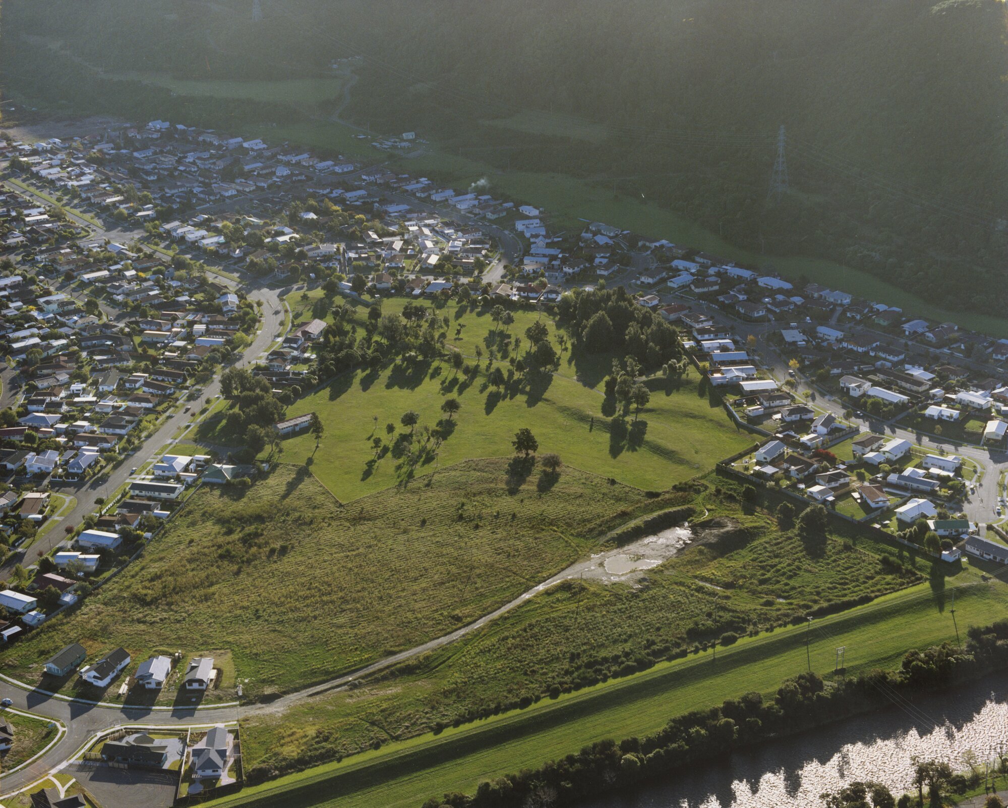 Aerial view; Wellington Fault scarplet, Totara Park, looking north-west.