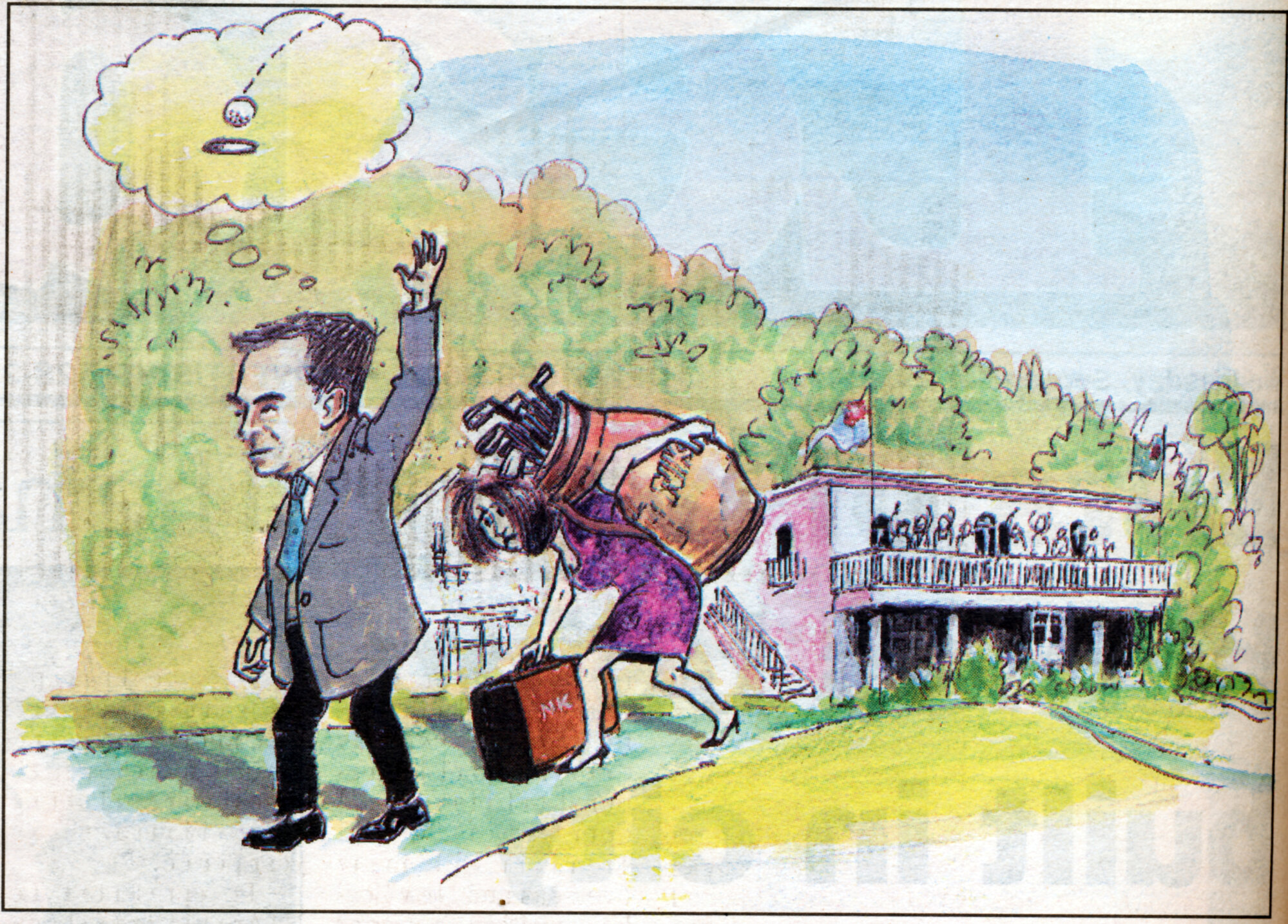 Cartoon of Wallaceville House; Neil and Sue Kenny leaving