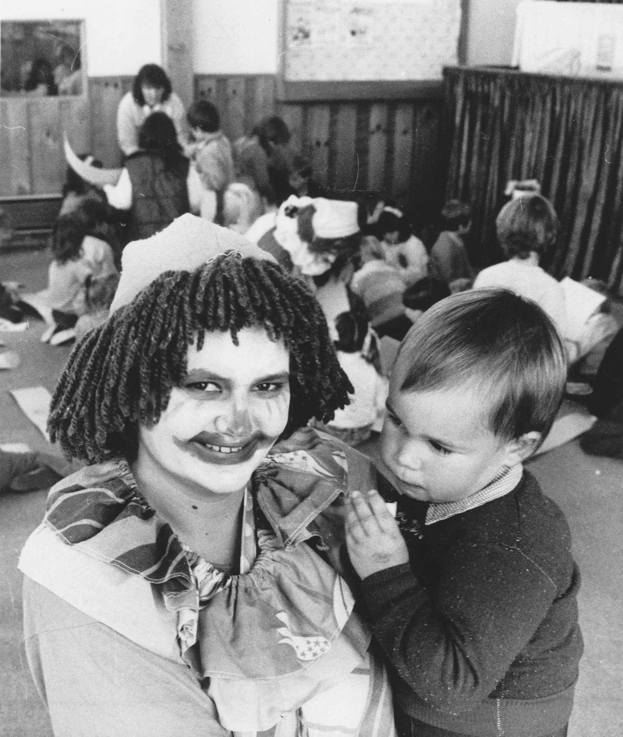 Holiday funtime; 'Buttercup' (Jane Osborne) and Timothy Brewerton, 2, at the Assembly of God Church.