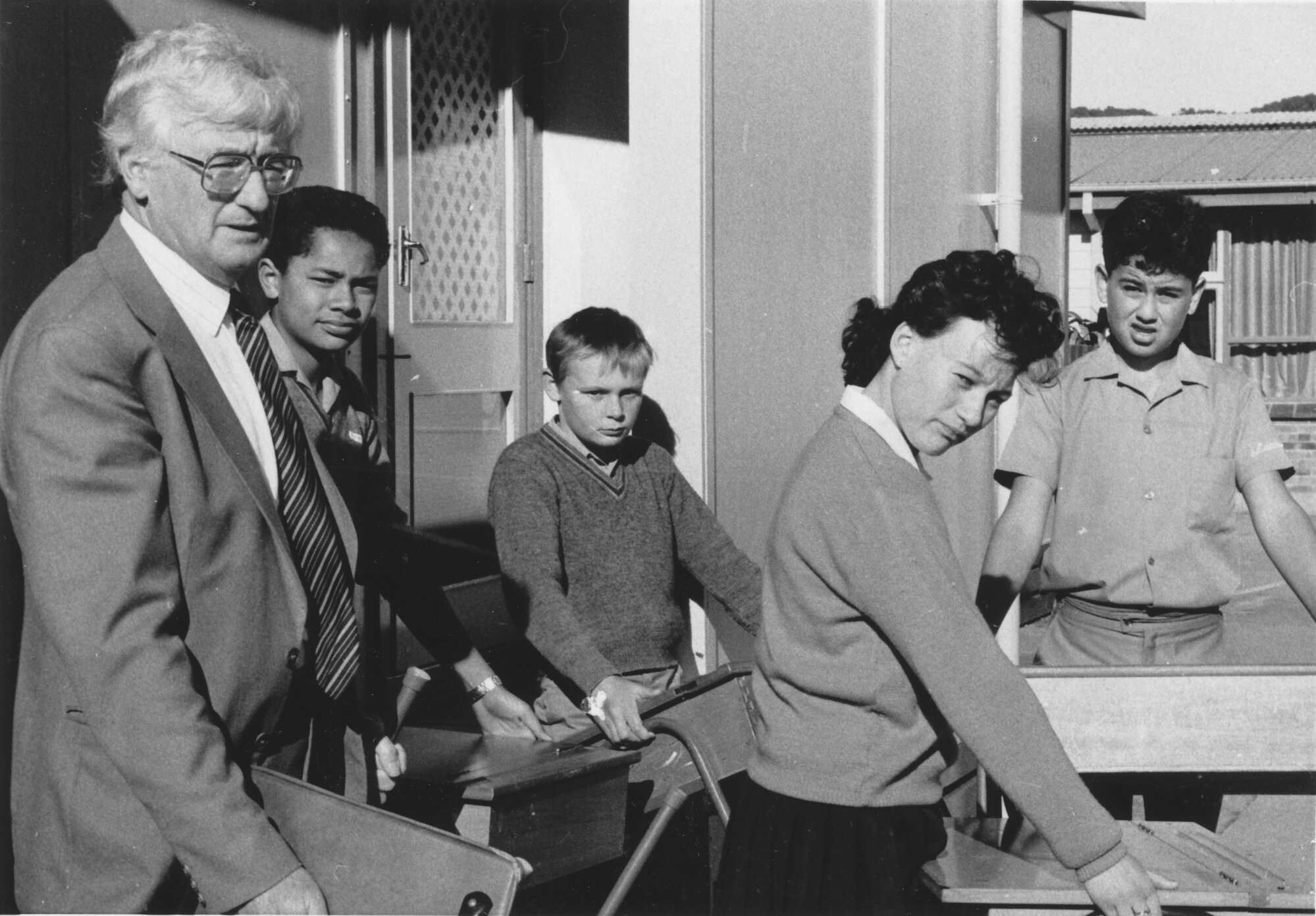 Maidstone Intermediate; staff shortage forces dispersal; principal Rod Carter and unidentified children.