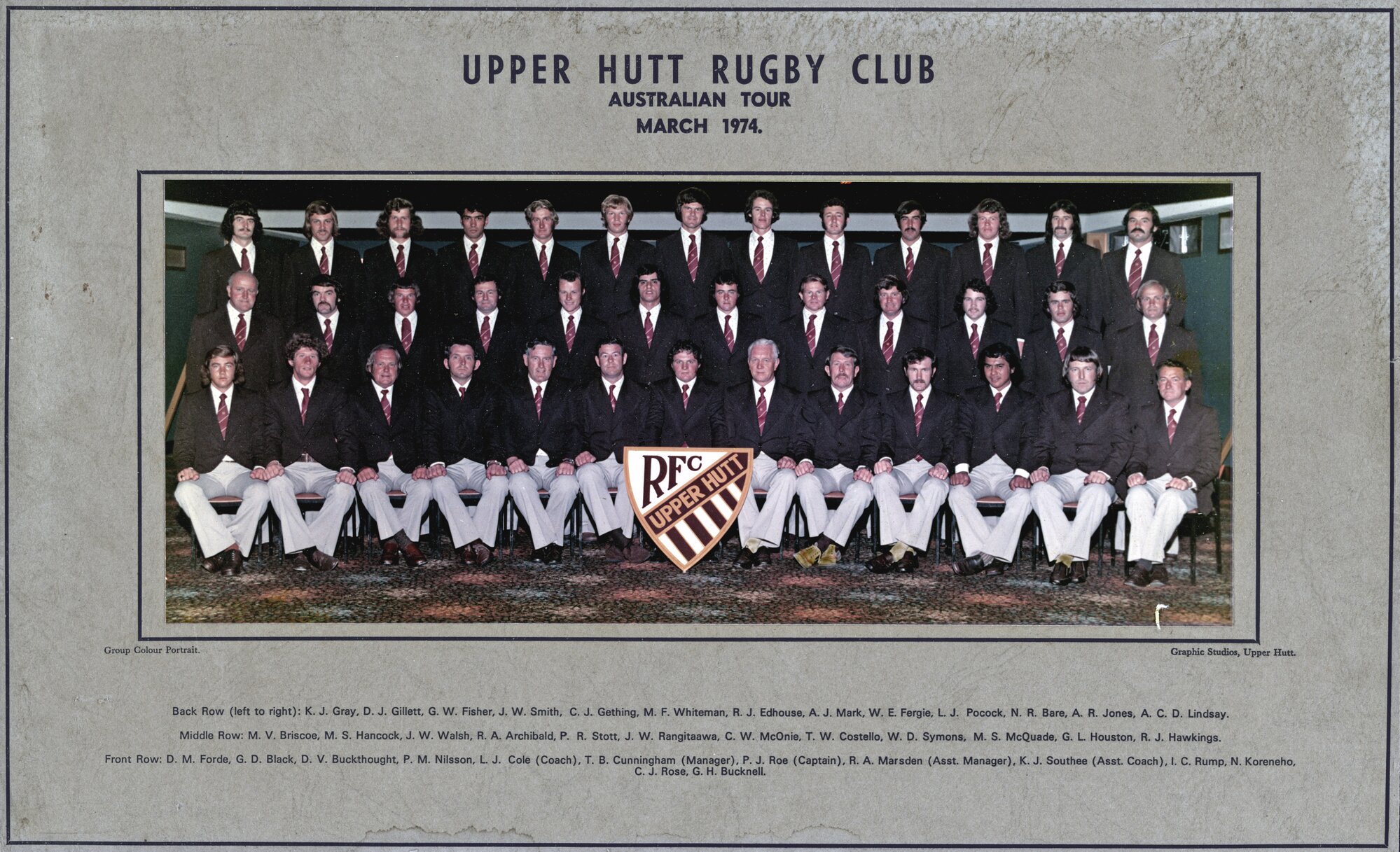 Upper Hutt Rugby Football Club 1974; Australian tour group.