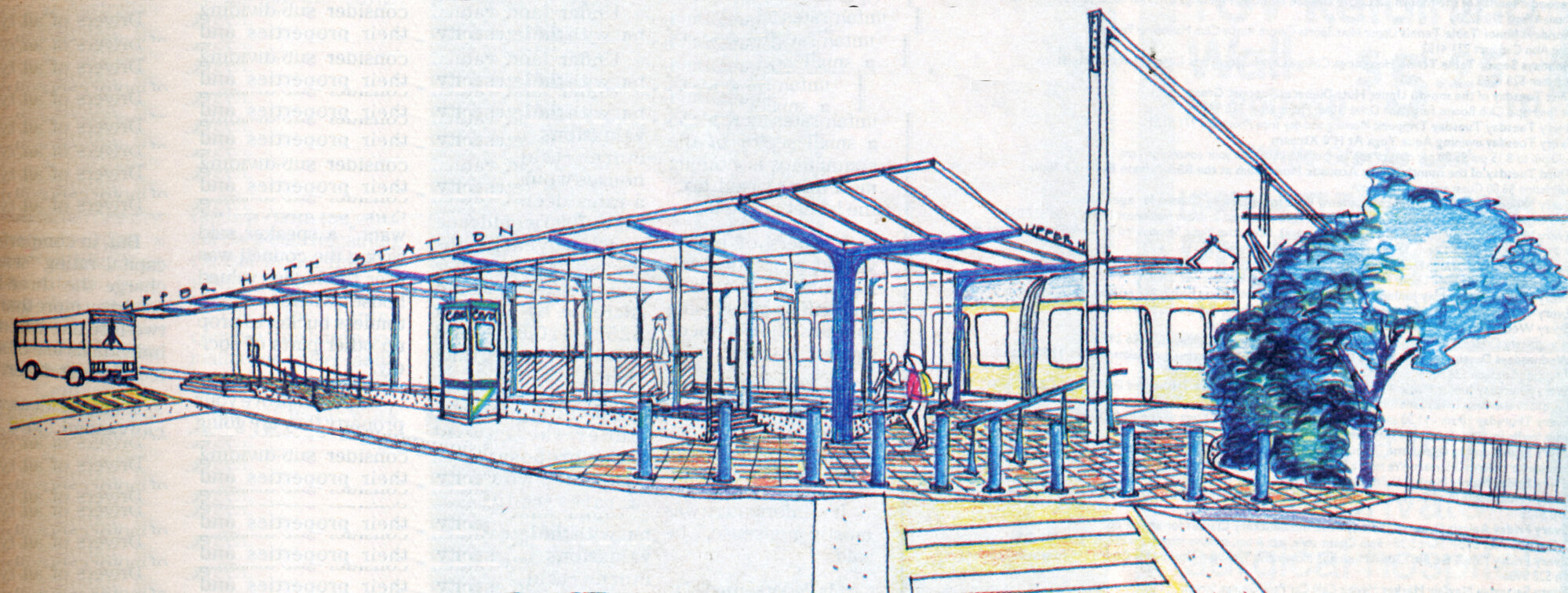 Upper Hutt railway station 2002 'glass and girder' proposal; western entrance and road side.