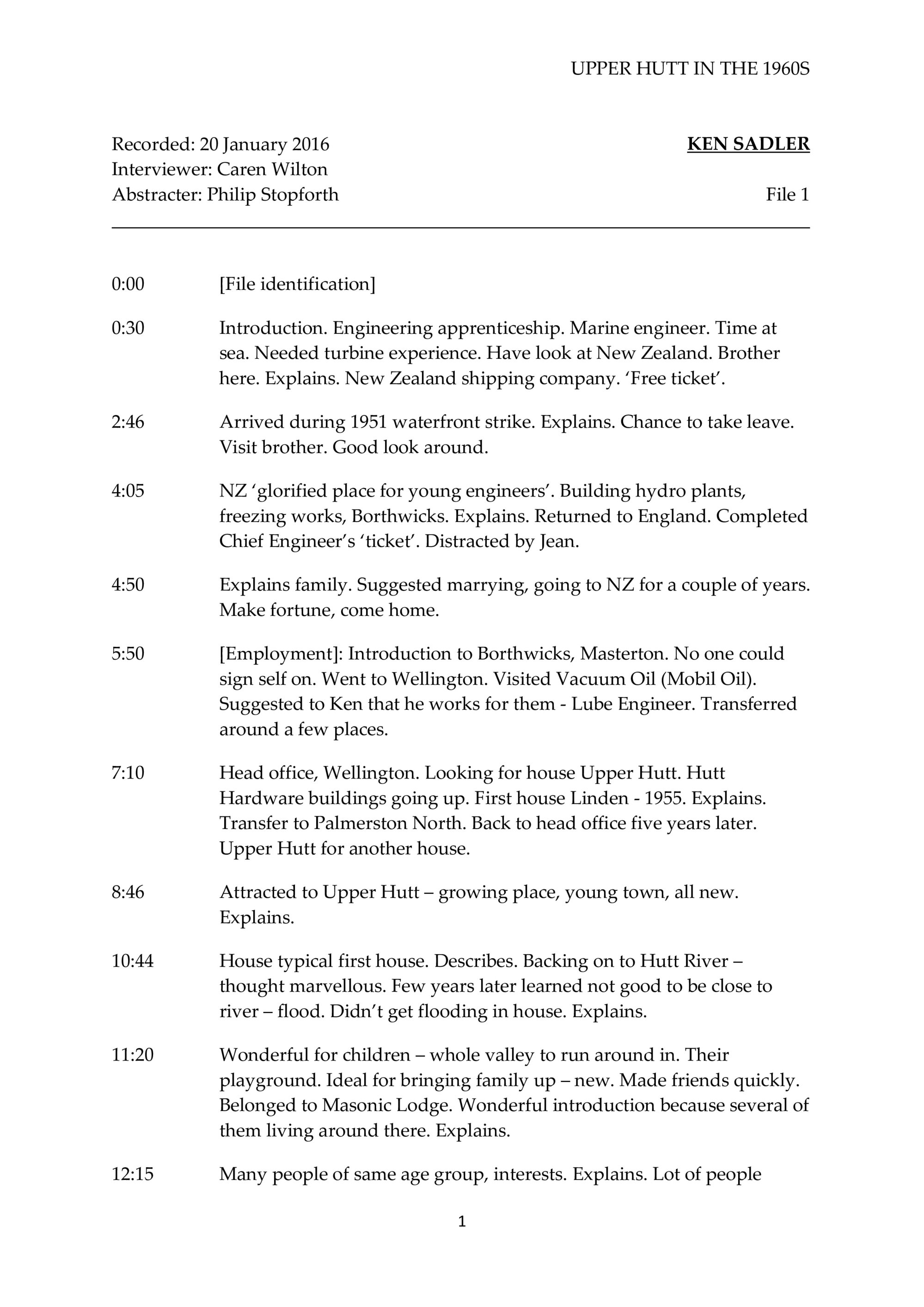 Ken Sadler oral history interview abstract