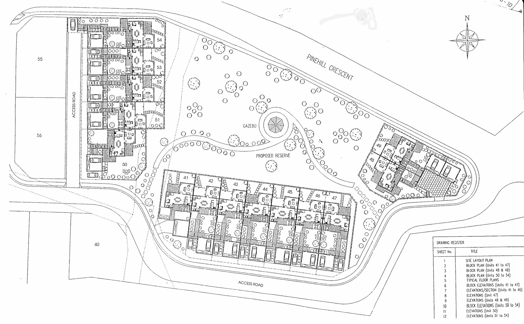 Pinehill development; former prison staff village site; terrace-housing area plan.