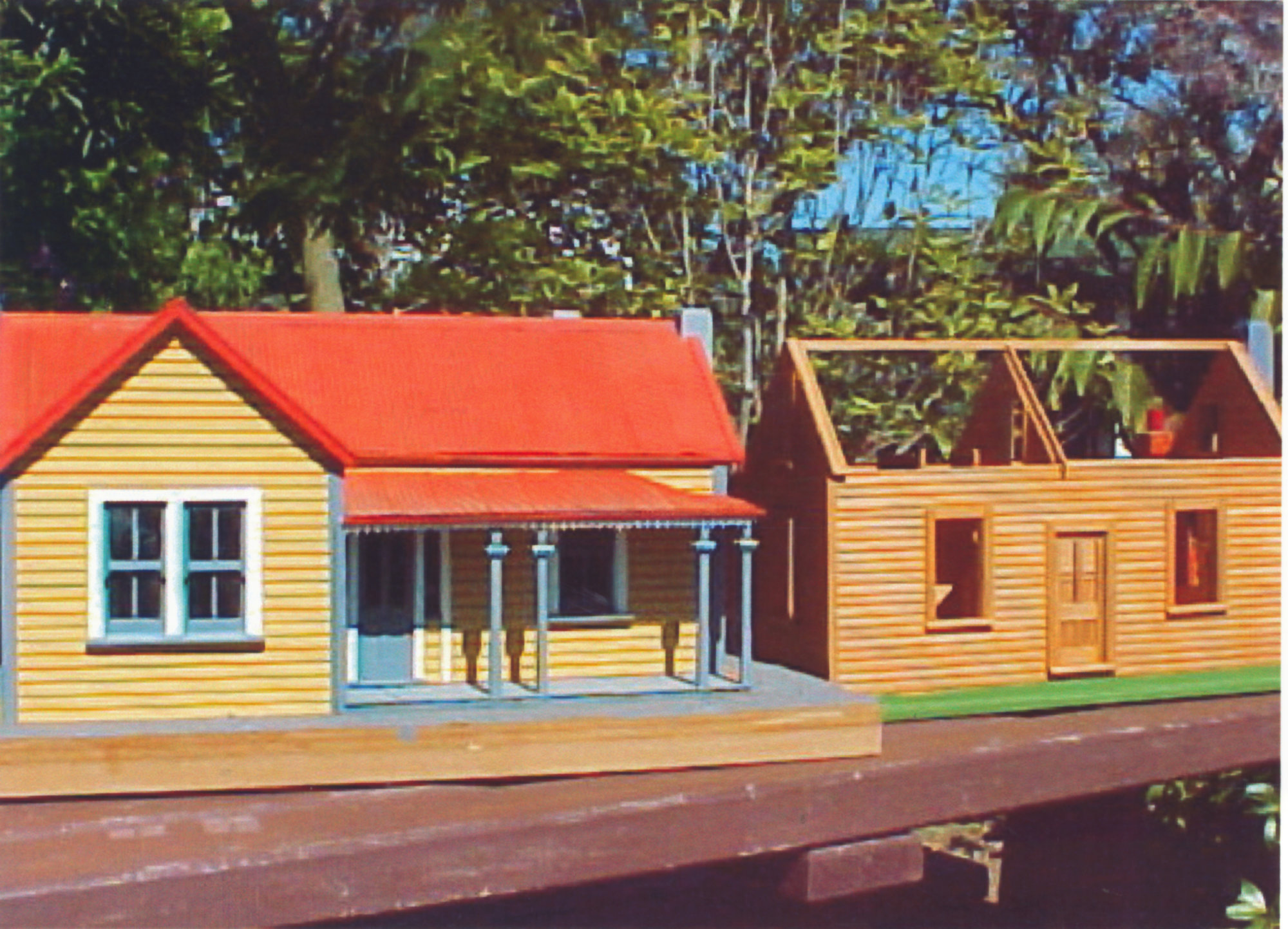 Scale model building; Golder Cottage, stages 2 &amp; 1; view 1; south frontages.