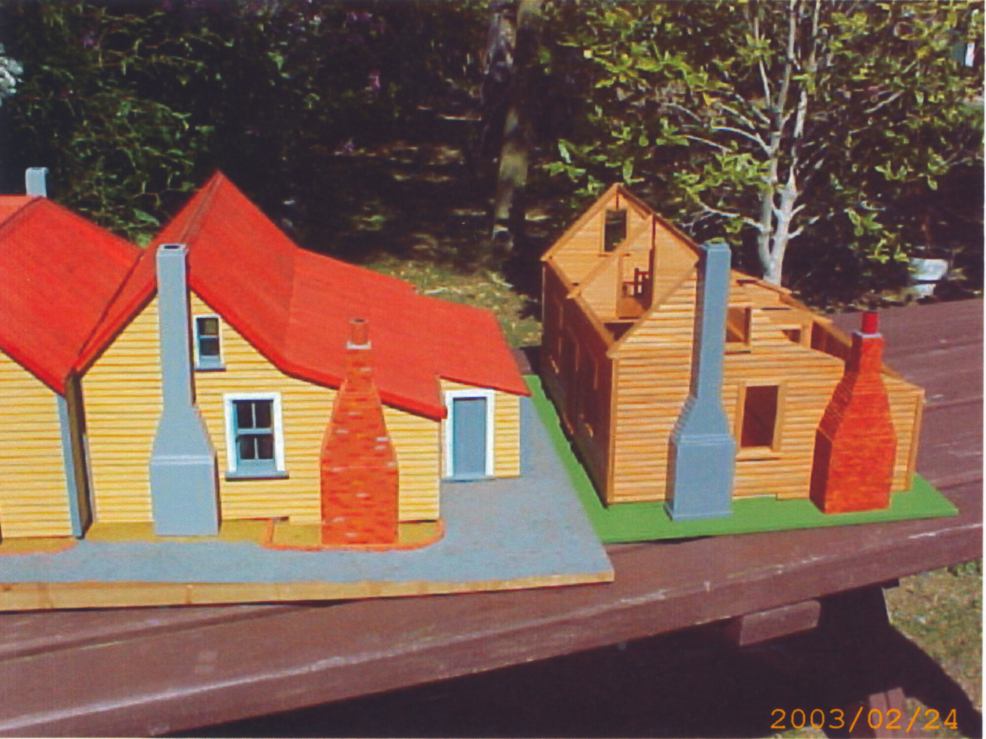 Scale model building; Golder Cottage, stages 2 &amp; 1; view 2; east end.