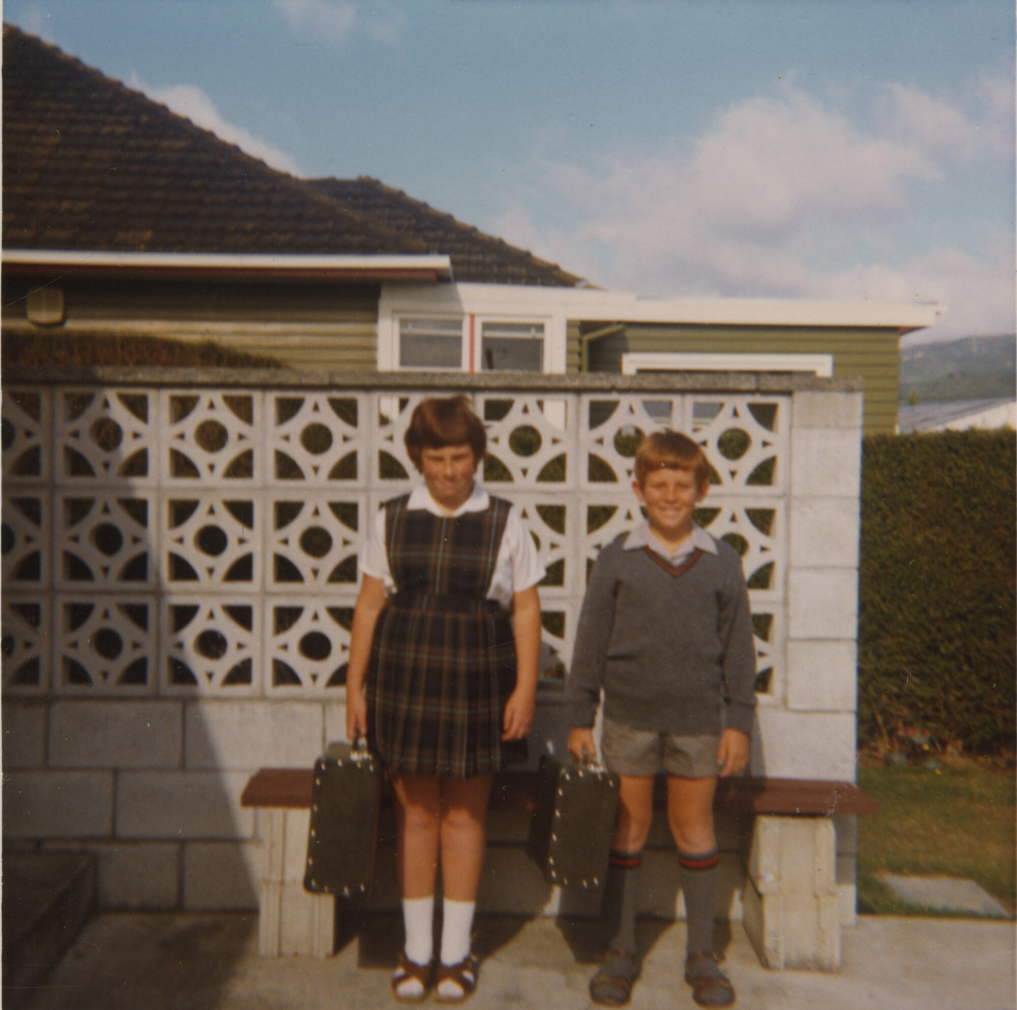 Harris family; Pip and John Harris (Beryl and Arthur Harris&rsquo;s children), when starting at Fergusson Intermediate, c. 1972