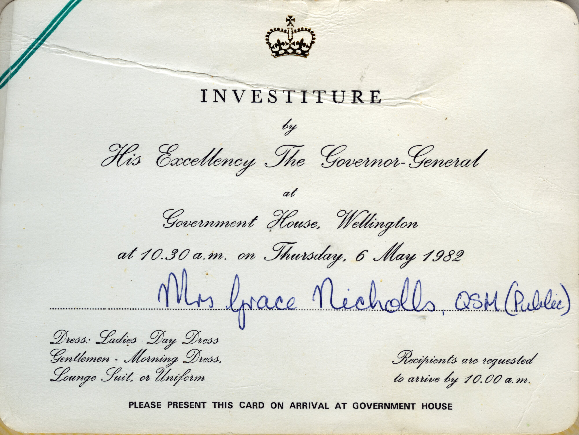 Grace Nicholls&rsquo;s invitation to her investiture with the Queen&rsquo;s Service Medal, Government House, 6 May 1982