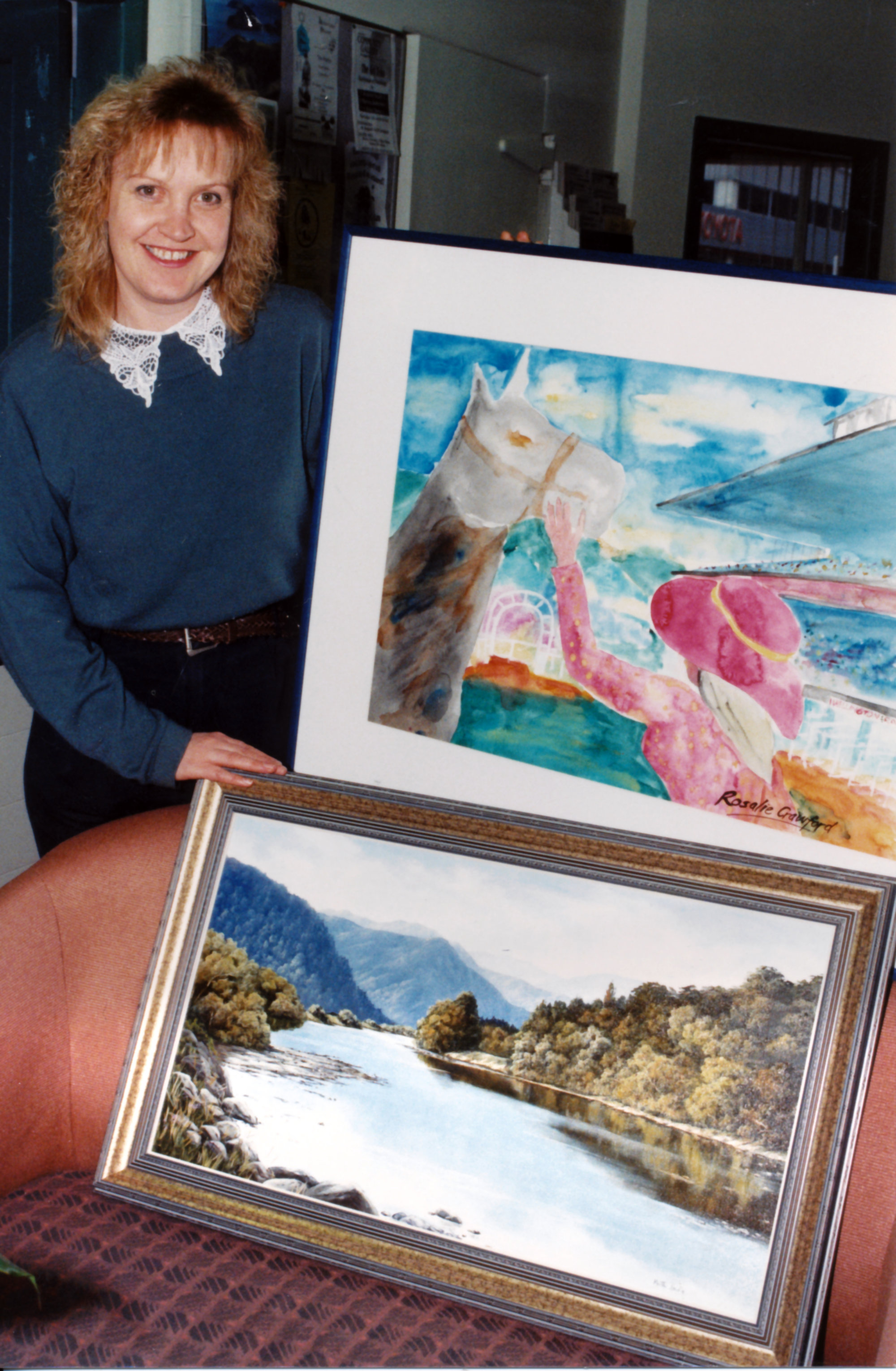 Upper Hutt City calendar for 1997; Information Centre's Paula Tie with two selected artworks